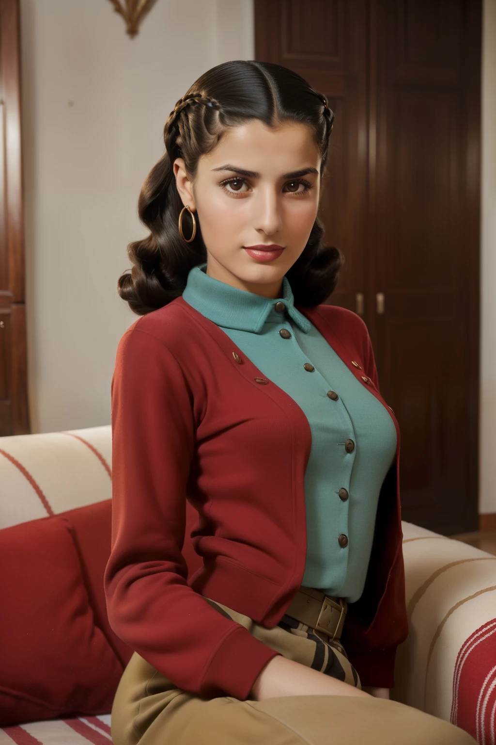 Tetouan, 1940. portrait of A young ((((29-year-old)) Sira Quiroga)), beautiful, skinny, in a living room, ((panic expression)), ((((clothings from the 1940s)))), ((hairstyle of the 1940s)), ((colorful))