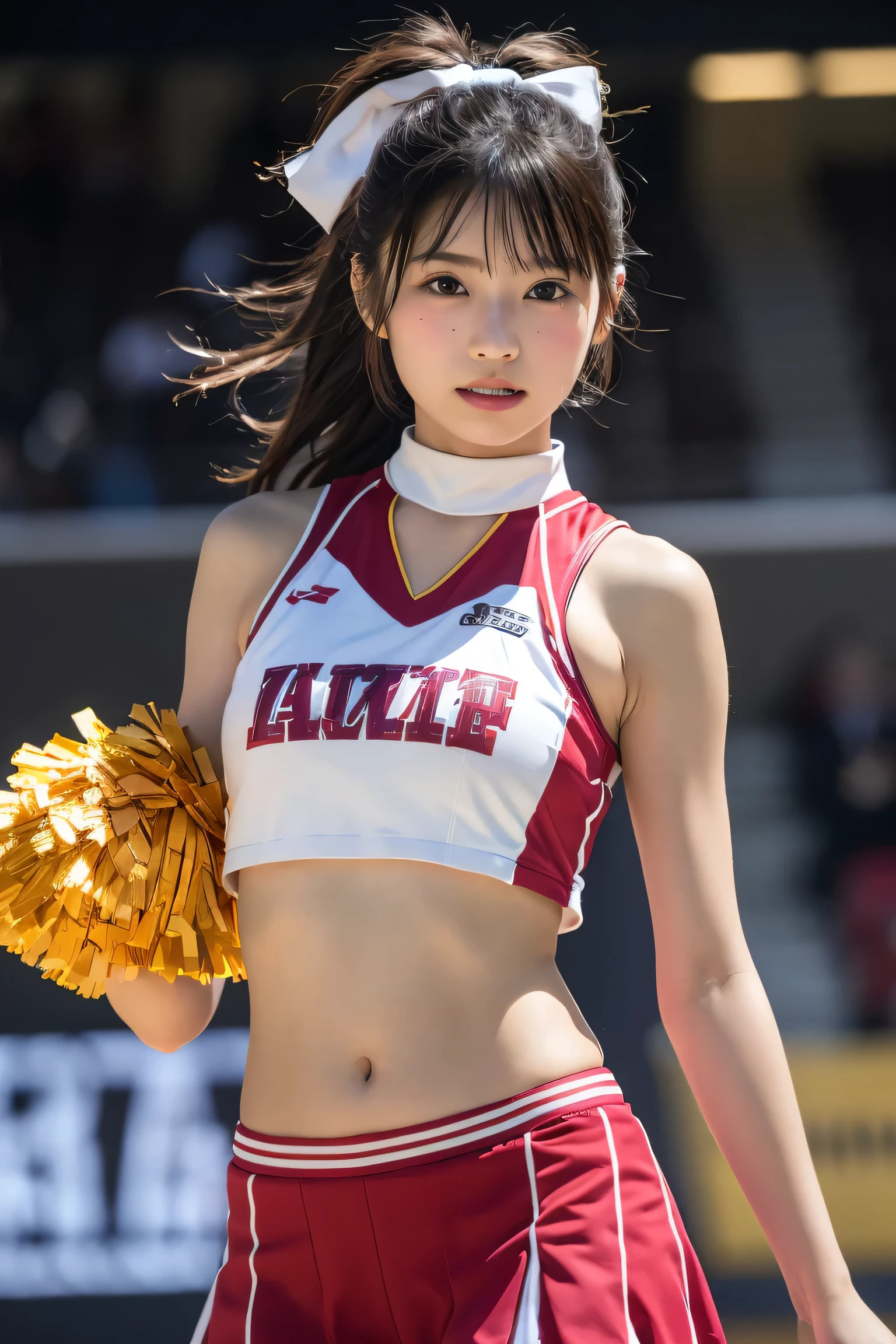 (8K, RAW Photos,Highest quality, High resolution:1.1), (超Realisticな:1.4),(Realistic, Realistic:1.3),The Beauty of Japan、masterpiece, Realisticな, In 8K, Best image quality, Highest quality, 1 girl, (whole bodyエスビアン), Absurdな, High resolution, Photorealistic, Realistic skin texture, Seeing the viewer, 8K Ultra HD, RAW Photos, masterpiece, Highest quality, Realistic, photo Realistic, Very detailedな CG ユニティ 8K 壁紙, Absurd, Very detailedな肌, Flying debris, Highest quality, shape, Very detailed, finely, High resolution, 8K壁紙, Perfect dynamic composition, finelyてBeautiful Eyes,Medium Hair,Small breasts Natural color Lips, Bold sexy pose,smile,Harajuku、20-year-old girl、cute、sexy shot looking at camera、Black hair ponytail , whole body((Realistic lighting, Highest quality, 8K, masterpiece: 1.3)), Clear focus: 1.2, 1 Girl, Perfect shape: 1.4,(Cheerleader:1.3),(Outdoor:1.5),(Look under your armpits:1.5),(Stadium:1.1),(Cheer Dance:1.3) Very beautiful face, Beautiful Eyes, double eyelid,smile,(Your cheeks are red:1.3),(No nipples:1.2)、Erect nipples