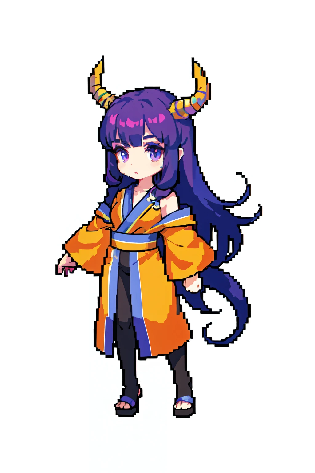 Cuerpo completo de un joven hombre, su cabello es color crema, purple eyes and dark brown curled horns. Usa un kimono y un abanico.