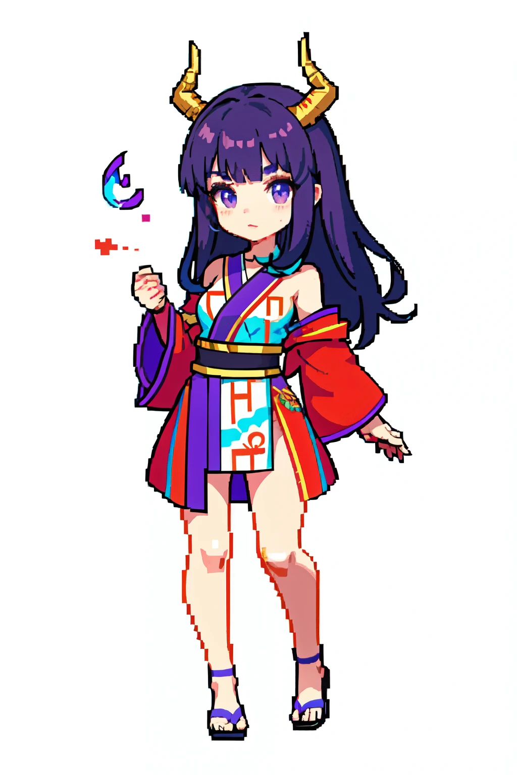 Cuerpo completo de un joven hombre, su cabello es color crema, purple eyes and dark brown curled horns. Usa un kimono y un abanico.