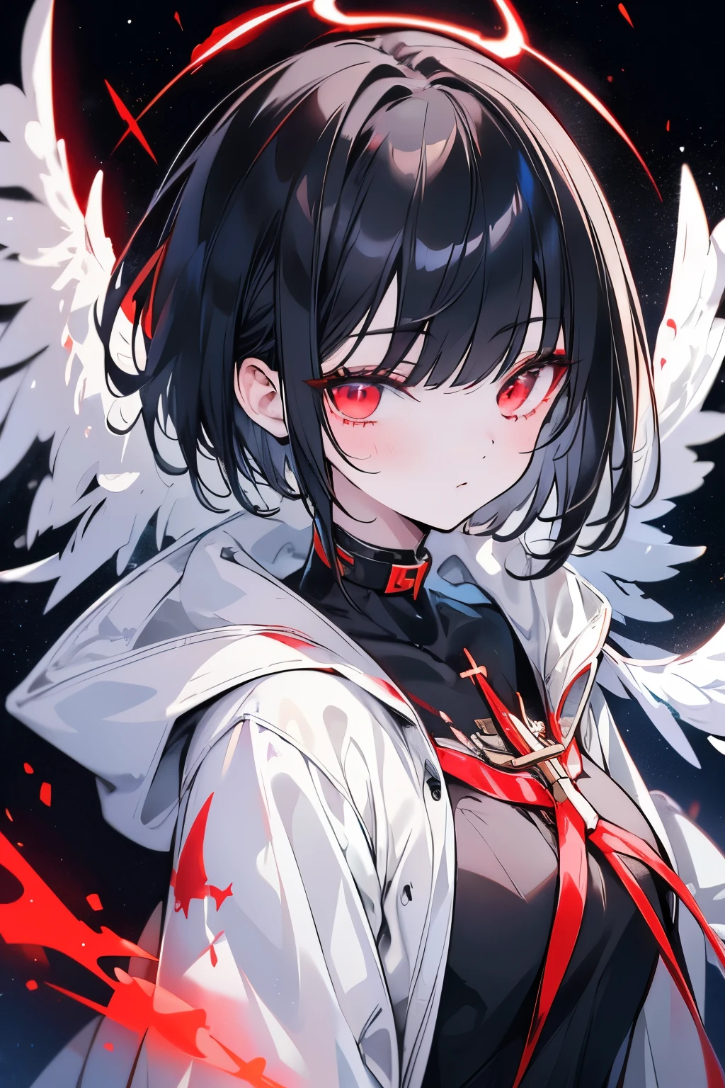 Gentle，(highres,8k,close-up,samdoesarts-style,black short hair,red eyes,detailed facial features,night sky with starry galaxy) high detail,8k,close-up,samdoesarts style,(((a woman with short black hair and red eyes))),((with detailed facial features)),the background is the starry night sky and the Milky Way,1girl,bishoujo,teenager,white_skin,shiny_skin,glamor,plump,slender face,air bangs,short hair,black hair,red eyes,half-closed eyes,black_wings,hoodie,full_shot,(sunlight),(angel),dynamic angle, floating, wing, halo, floating white silk,(Holy Light),silver stars,
