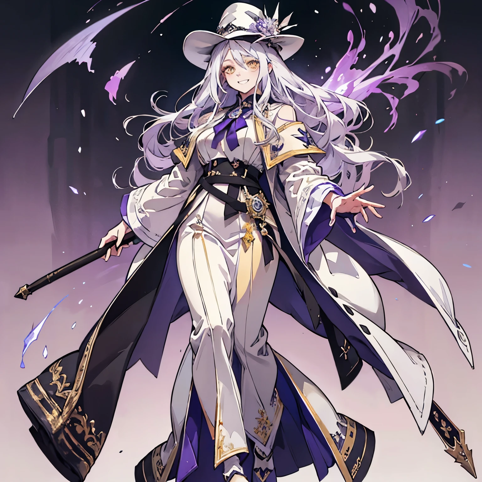 One Woman、young、Silver Hair、Long Hair、Yellow Eyes、grinning mouth、Very large breasts、Wizard、Carrying a walking stick、White clothes、Purple Robe、Black Cape、Wear a pointed hat、Full body portrait、magic circle background、Angle viewed from below