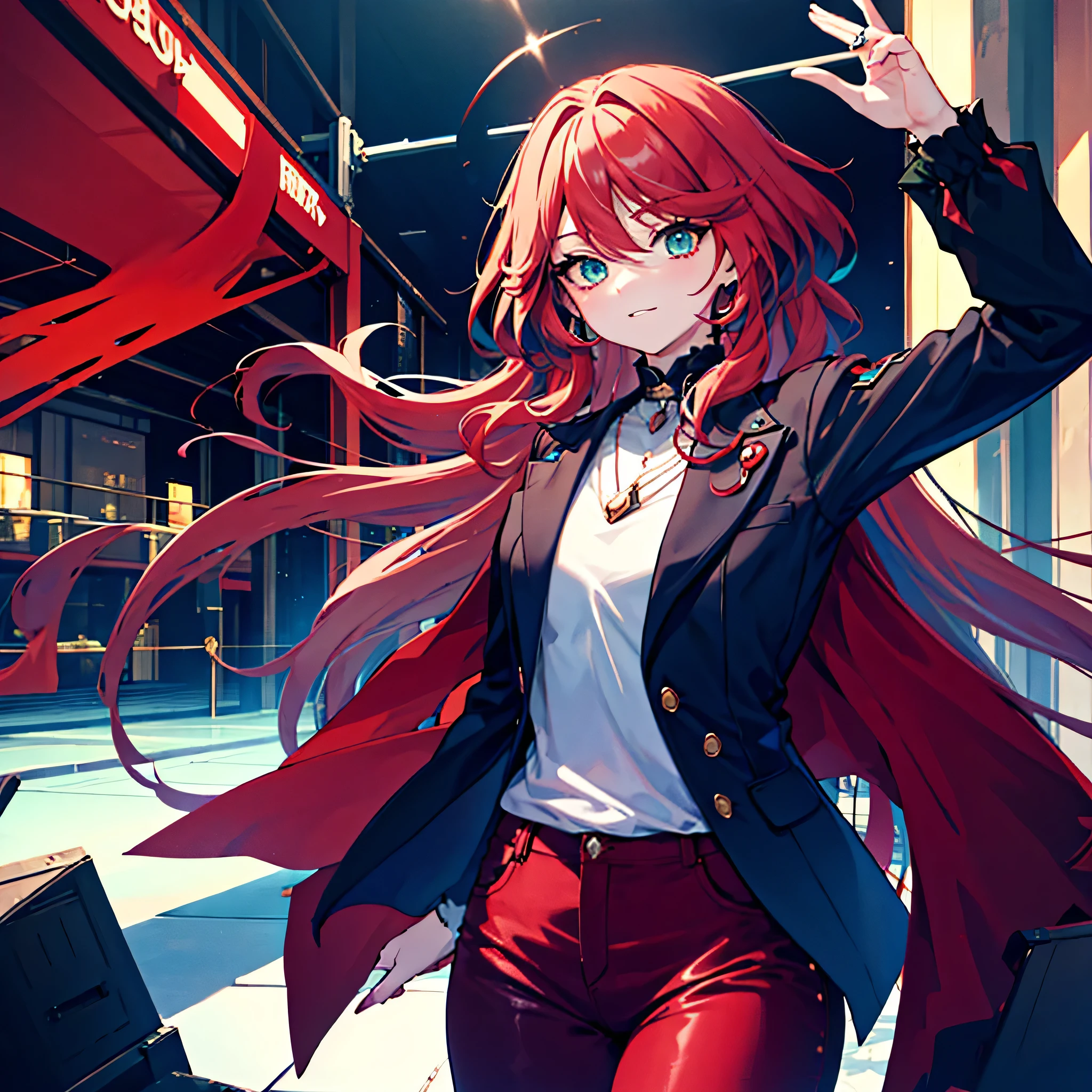 Furina. Red-haired woman with green eyes, long hair, a  black blouse, a red jacket, and dark tight pants.