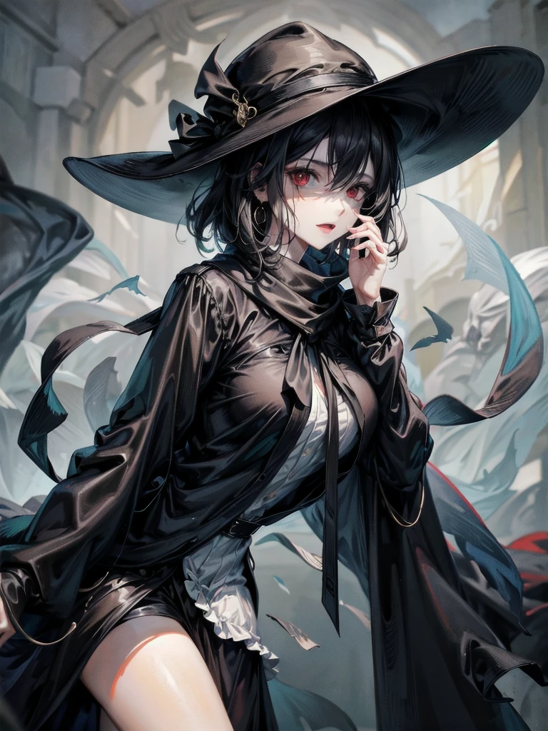black French wide-brimmed hat, black trench coat, Black scarf, Gauze wrapped around the neck, absurdres, RAW photo, extremely delicate and beautiful, masterpiece, Best Quality, ultra high resolution, 32k, hyperrealistic, ultra-detailed, detailed description, pale skin, 20 years old, tearful mole, earring, short medium hair, wavy hair, whole body shot, legs, Red eyes,