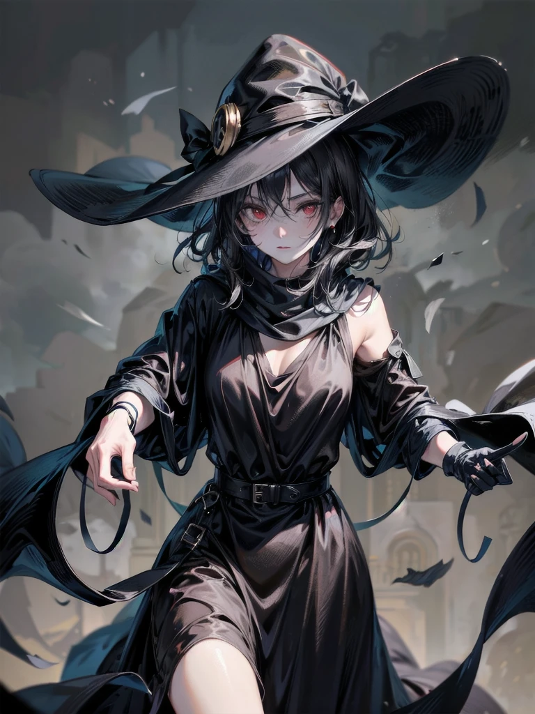black French wide-brimmed hat, black trench coat, Black scarf, Gauze wrapped around the neck, absurdres, RAW photo, extremely delicate and beautiful, masterpiece, Best Quality, ultra high resolution, 32k, hyperrealistic, ultra-detailed, detailed description, pale skin, 20 years old, tearful mole, earring, short medium hair, wavy hair, whole body shot, legs, Red eyes,