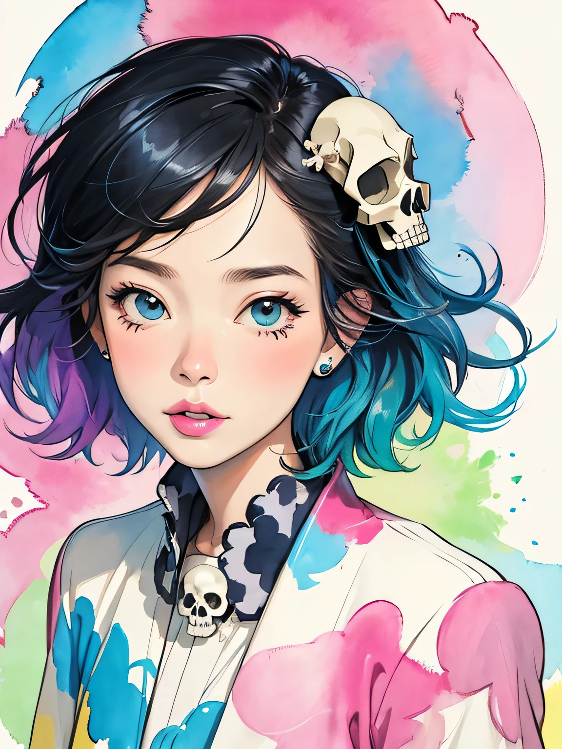 Hiromi Matsuo Style、(((stylish fashion))), 8K Quality、Intense watercolor, Detailed watercolor art, Watercolor splash, Surreal, avant-garde pop art, Beautiful and expressive paintings, Beautiful artwork illustration, Very colorful tones, wonderful, Cool beauty, highest quality、Official Art, Vector art, Stylish design, (((The most beautiful girl))), (((highest quality))), HDR, ((detailed)), (((Doodle Art)), ((masterpiece)), ((Super detailed)), (((skull fashion)))(((Stylish))),