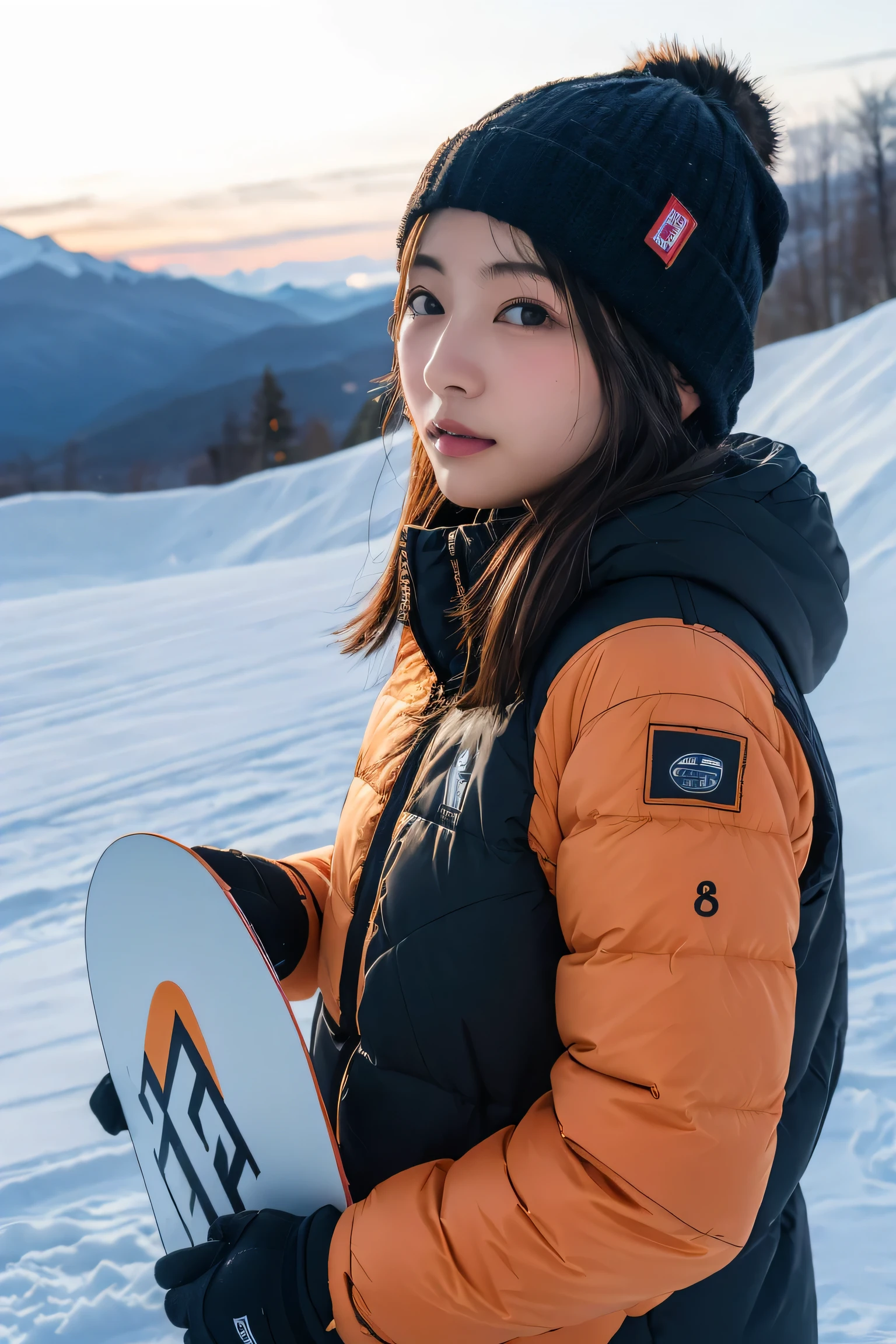 (8k, RAW Photos,highest quality, High resolution:1.1), (Super realistic:1.4),(Realistic, Realistic:1.3),Japanese beauty、Upper Body、Snowboarding Team - stylish snowboard attire.