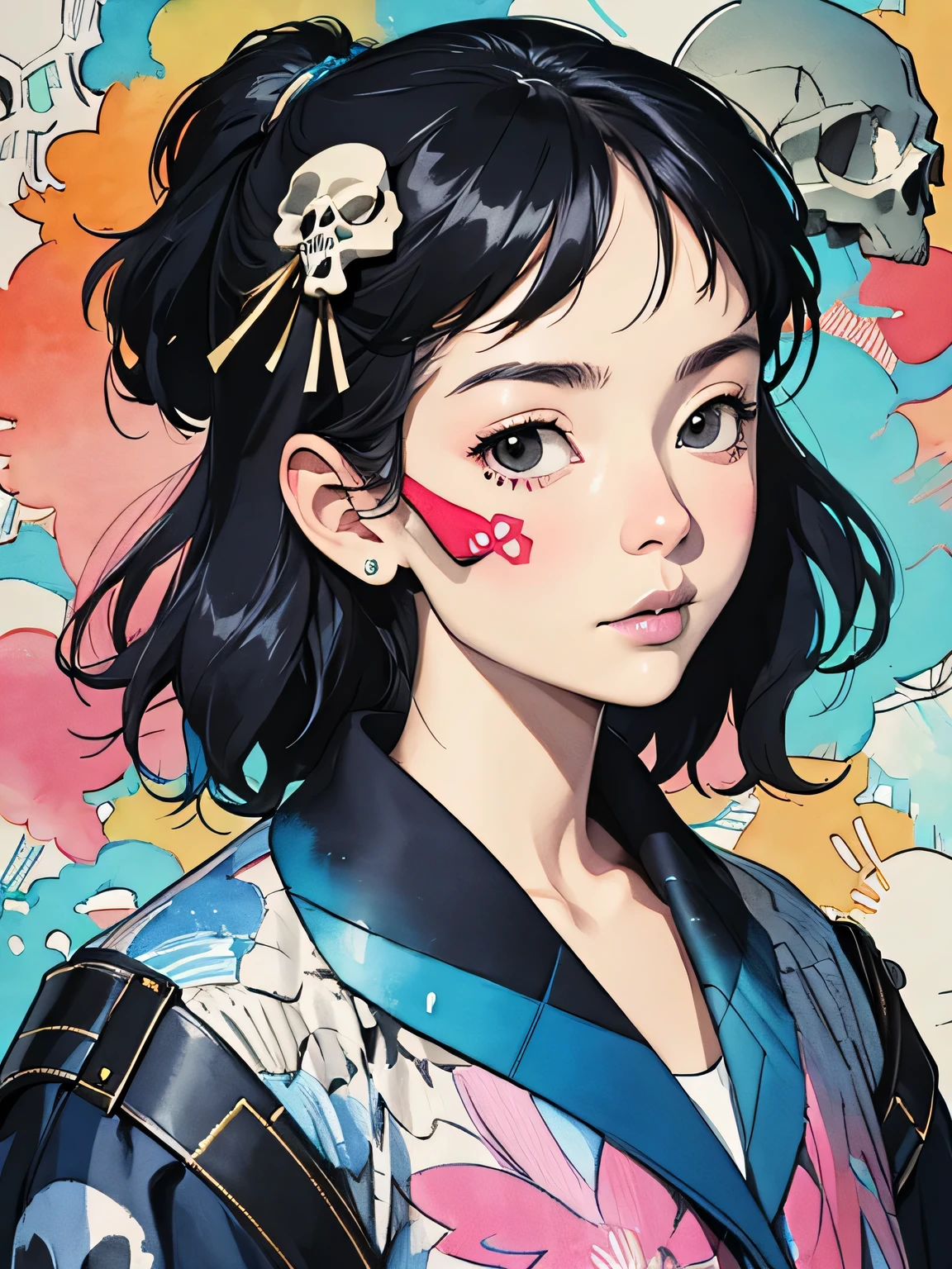 Hiromi Matsuo Style、(((stylish fashion))), 8K Quality、Intense watercolor, Detailed watercolor art, Watercolor splash, Surreal, avant-garde pop art, Beautiful and expressive paintings, Beautiful artwork illustration, Very colorful tones, wonderful, Cool beauty, highest quality、Official Art, Vector art, Stylish design, (((The most beautiful girl))), (((highest quality))), HDR, ((detailed)), (((Doodle Art)), ((masterpiece)), ((Super detailed)), (((skull fashion)))(((Stylish))),