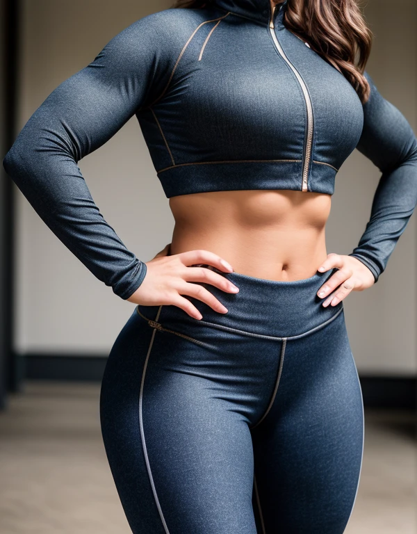 cinematic photo MeganRainQuiron woman, Fermer 1/3 portraits . photographie 35 mm, film, Bokeh, professionnel, 4k, very detailed, Realistic, une femme Zumba portant une veste courte et un jegging: Un hybride de jeans et de leggings, offrant le confort d'un legging avec l'apparence d'un jean.,