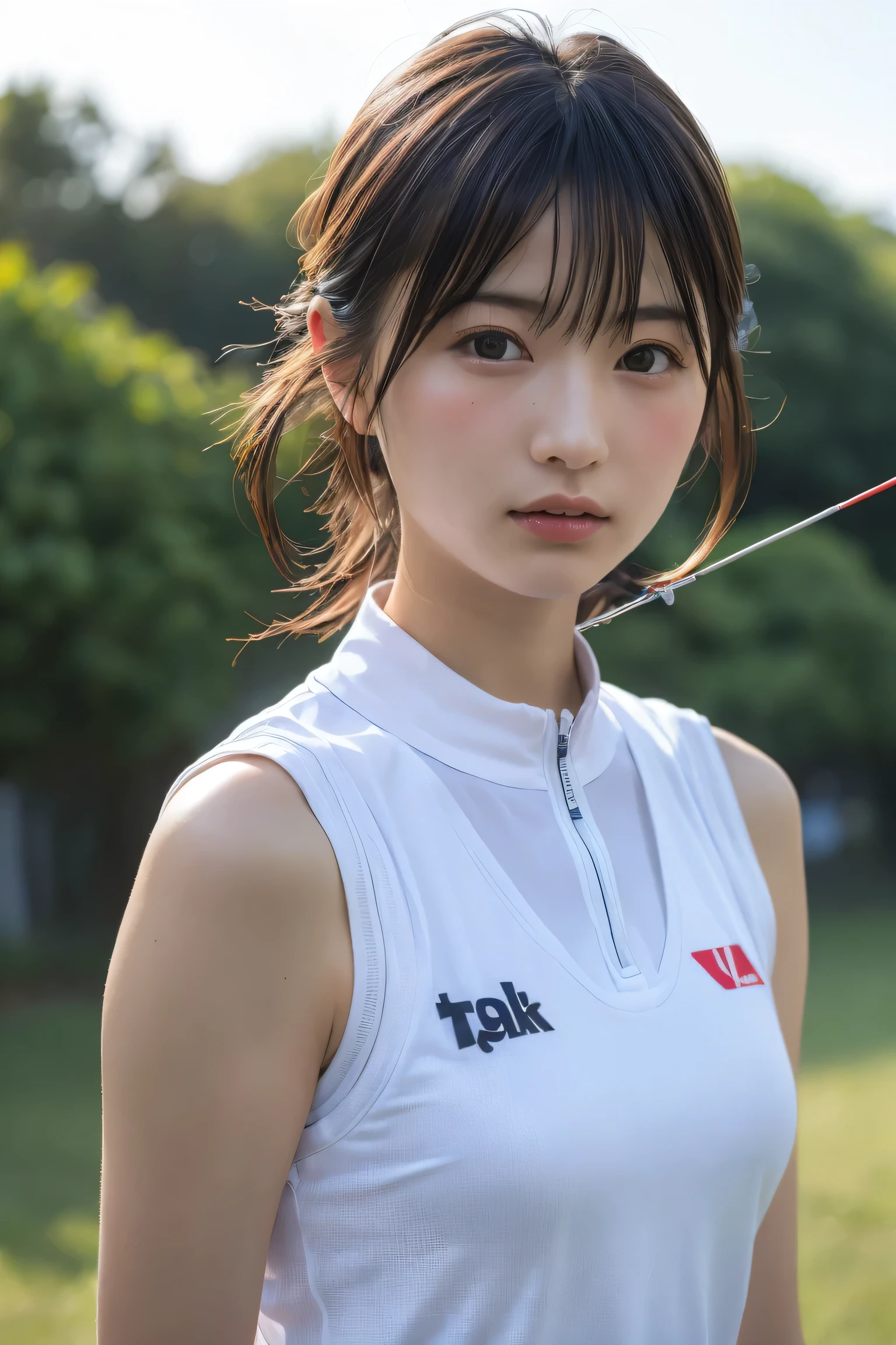 (8k, RAW Photos,highest quality, High resolution:1.1), (Super realistic:1.4),(Realistic, Realistic:1.3),Japanese beauty、Upper Body、Archery Team - arm guards and team vests.