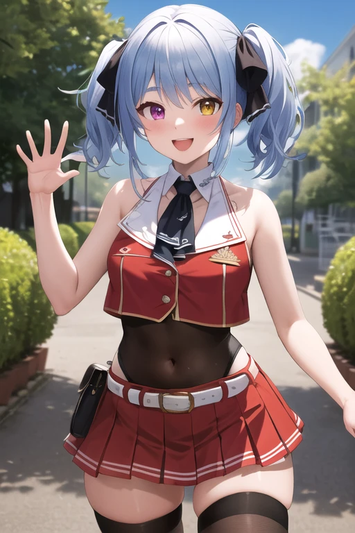 masterpiece, highest quality, High resolution, bb Marine, Twin tails, Heterochromia iridis, Red Ascot, Exposing shoulders, Red Shirt, Bare arms, No sleeve, See through, (Leotards worn under clothing:1.2), Covered navel, belt, Pleated skirt, Red Skirt, Black knee socks, smile, wave hands, Open your mouth, Outdoor