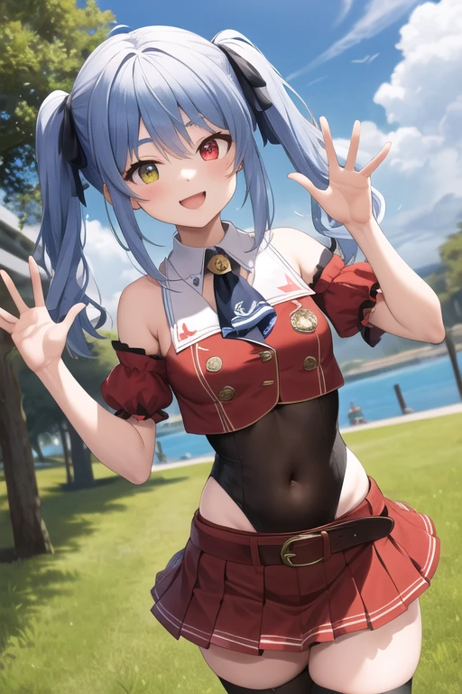 masterpiece, highest quality, High resolution, bb Marine, Twin tails, Heterochromia iridis, Red Ascot, Exposing shoulders, Red Shirt, Bare arms, No sleeve, See through, (Leotards worn under clothing:1.2), Covered navel, belt, Pleated skirt, Red Skirt, Black knee socks, smile, wave hands, Open your mouth, Outdoor