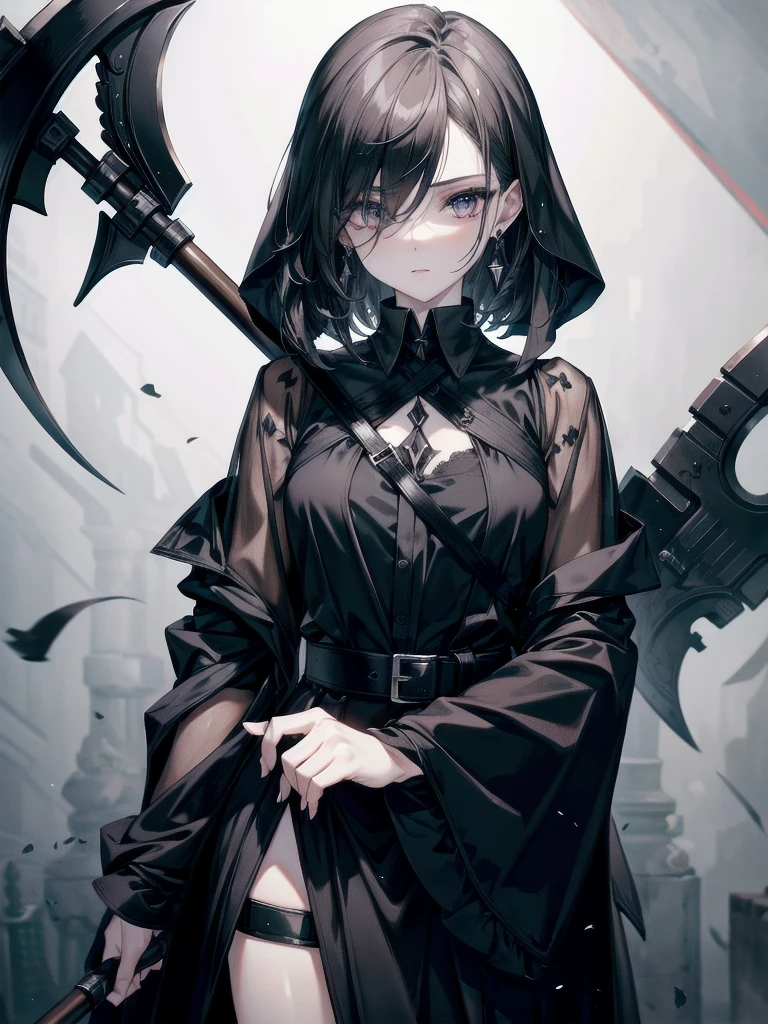 (ruined city), girl and grim reaper, black scythe, robe, absurdres, RAW photo, extremely delicate and beautiful, masterpiece, Best Quality, ultra high resolution, 32k, hyperrealistic, ultra-detailed, detailed description, pale skin, 20 years old, tearful mole, earring, short medium hair, wavy hair, whole body shot,
