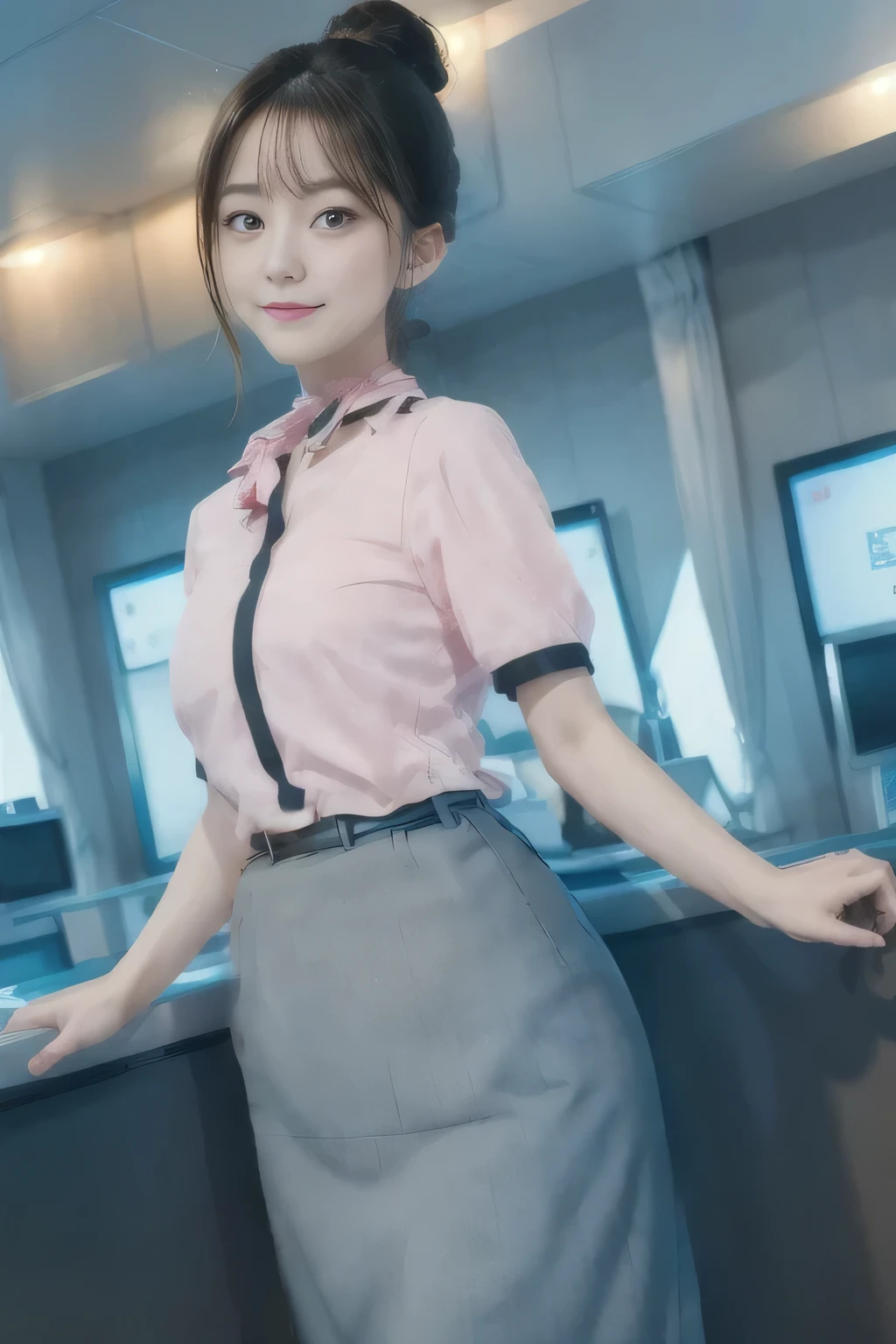 masterpiece:1.2、highest quality:1.2)、32K HDR、High resolution、(alone、1 girl、Slim figure)、（Realistic style wearing the ANA cabincrew uniform）、 (At the airport counter, Professional Lighting)、A proper woman, Beautiful Face,、（ANA cabincrew uniform）、（Short sleeve pink blouse）、（Grey Skirt）、（Scarf around the neck）、Big Breasts、（Long hair updo、Chignon）、Dark brown hair、Long Shot、（（Fine hand：2.0））、（（Harmonious body proportions：1.5））、（（Normal limbs：2.0））、（（Normal finger：2.0））、（（Delicate eyes：2.0））、（（Normal eyes：2.0））)、Beautiful standing posture、smile