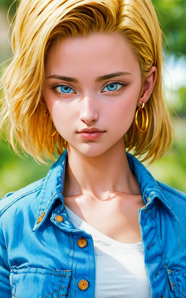 (masterpiece, best quality), realistic version of android18, earrings, denim, belt upper body, focus face, perfect face, Emily Rudd.