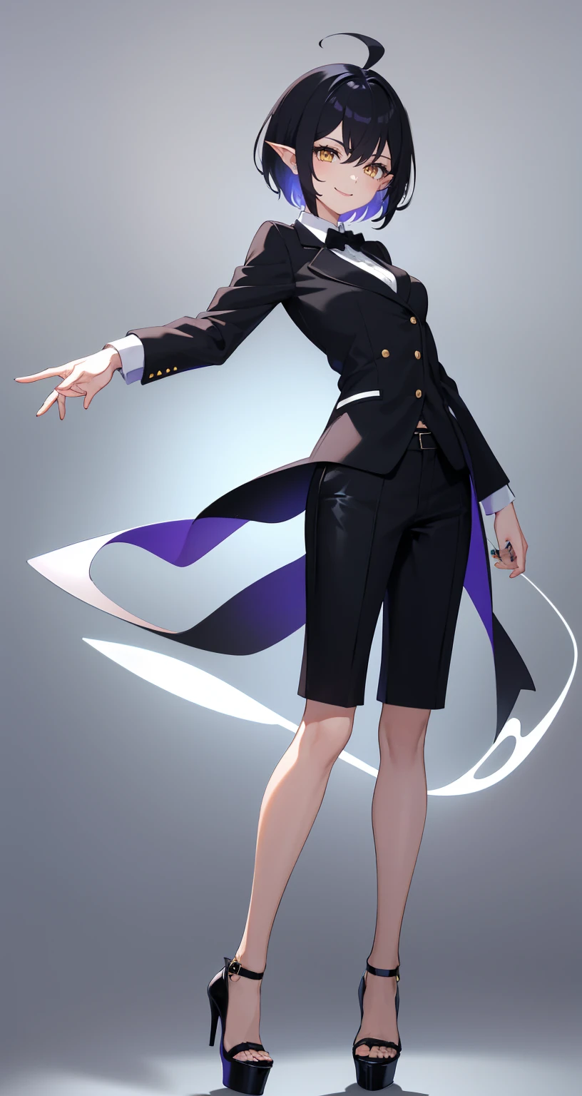 Simple Background,Virtual YouTuber, (whole body, upright,Wearing stiletto heels), Young girl, (purplish-black hair, Short hair to the shoulders, Hair between the eyes, Ahoge), Yellow Eyes, (Pointy Ears), ((Office Suits)), White button-up shirt, Black stiletto heels, Black vest,Black slacks, Black bow tie,Mid-chest, Wear stiletto heels), smile, Smiling Kindly,masterpiece, high quality, whole body, Are standing,Facing forward,Simple white background