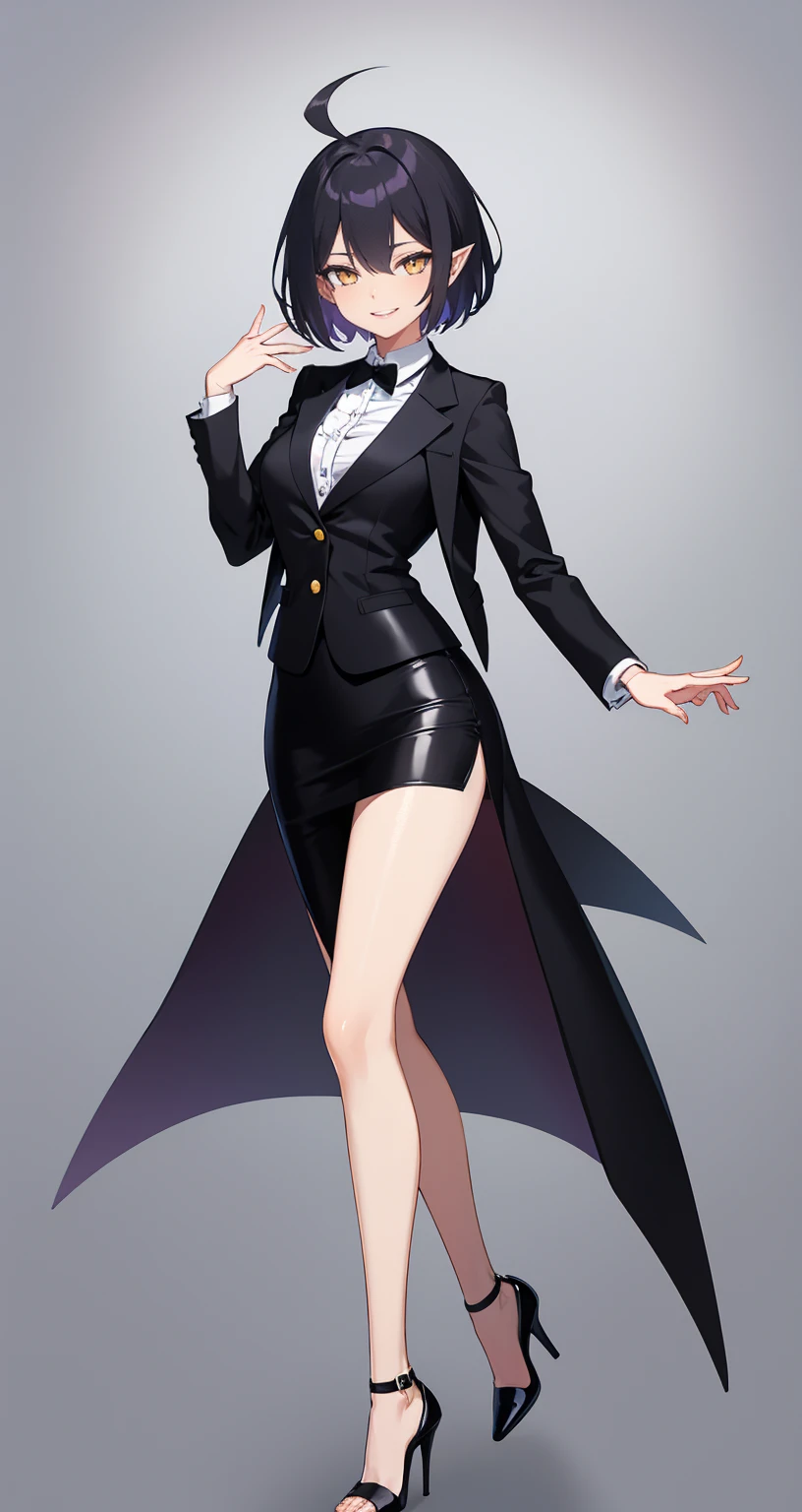 Simple Background,Virtual YouTuber, (whole body, upright,Wearing stiletto heels), Young girl, (purplish-black hair, Short hair to the shoulders, Hair between the eyes, Ahoge), Yellow Eyes, (Pointy Ears), ((Office Suits)), White button-up shirt, Black stiletto heels, Black vest,Black slacks, Black bow tie,Mid-chest, Wear stiletto heels), smile, Smiling Kindly,masterpiece, high quality, whole body, Are standing,Facing forward,Simple white background