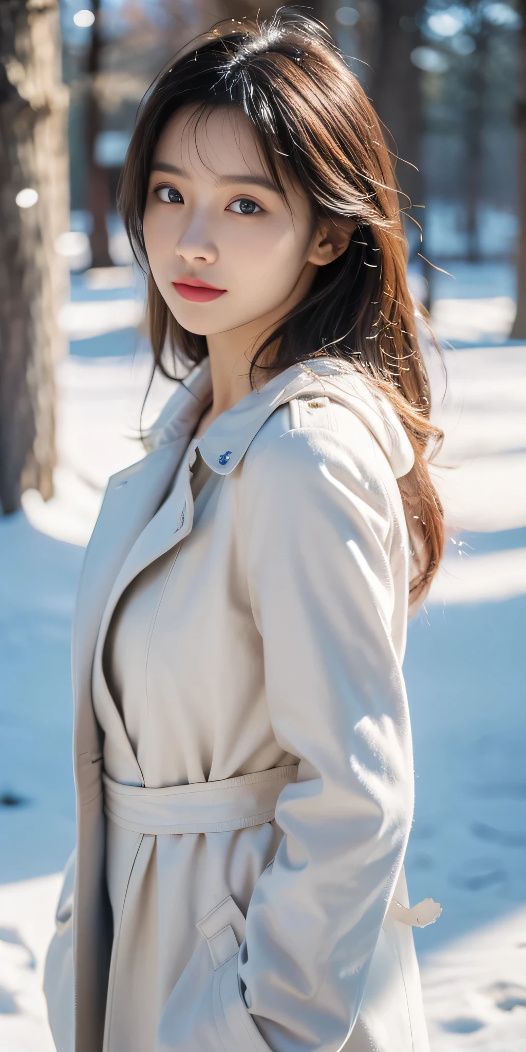 RAW photo, bokeh, Top image quality, High resolution, best quality, 8k, HDR, (photorealistic:1.55), young girl, trench coat, beanies, Korean stylish, she stands gracefully, looking at viewer, framed by trees adorned with a pristine white blanket of snow. The sunlight gently kisses her face, illuminating her natural beauty. Her features reflect the pristine clarity of the snow, with eyes as deep and blue as sapphires.Her hair cascades softly, adorned with delicate snowflakes, creating a dreamy and innocent allure. Each step she takes is light and airy, reminiscent of petals gently dancing upon a breeze, radiating a serene and enchanting presence.