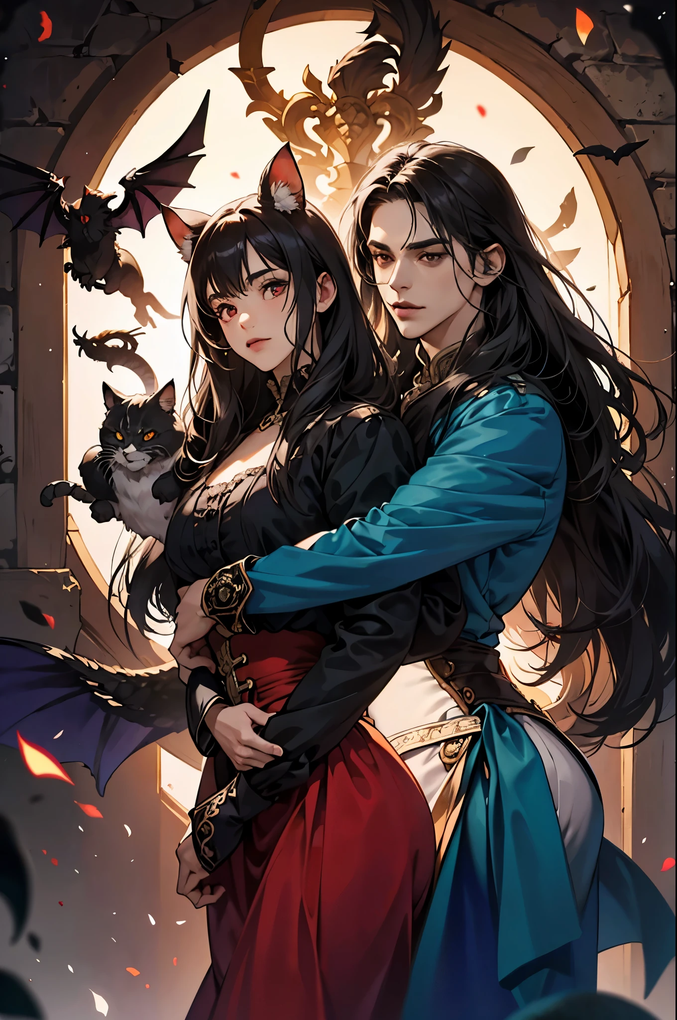 Castlevania (140 year old boy Lord of shadows hyper-realistic super detailed Lord Dracula) cargando a (1chica junkotvv cabello negro con orejas de gato, ojos rojos )