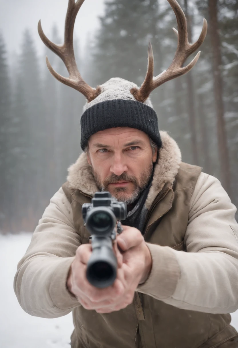 16K, Award Winning, High Resolution, Highly Detailed, Ultra Detailed, Anatomically Correct, Textured Skin, Top Quality, (8k, RAW Photo, Top Quality, Tabletop:1.2), (Realistic, Photo Realistic: 1.4), Rocky mountains, Snowy mountains, Hunting, Movie lighting, Movie directed by Michael Cimino, Robert De Niro who starred in The Deer Hunter (1 male: 1.6), (Hunter aiming at his prey with a rifle: 1.1), The White Rabbit, Deer with fine antlers, There is a deer with large antlers in the distance, Looking through the gun scope and aiming, White Eskimo jacket, Wearing a knitted hat, Snowing, Beard, Fujifilm,