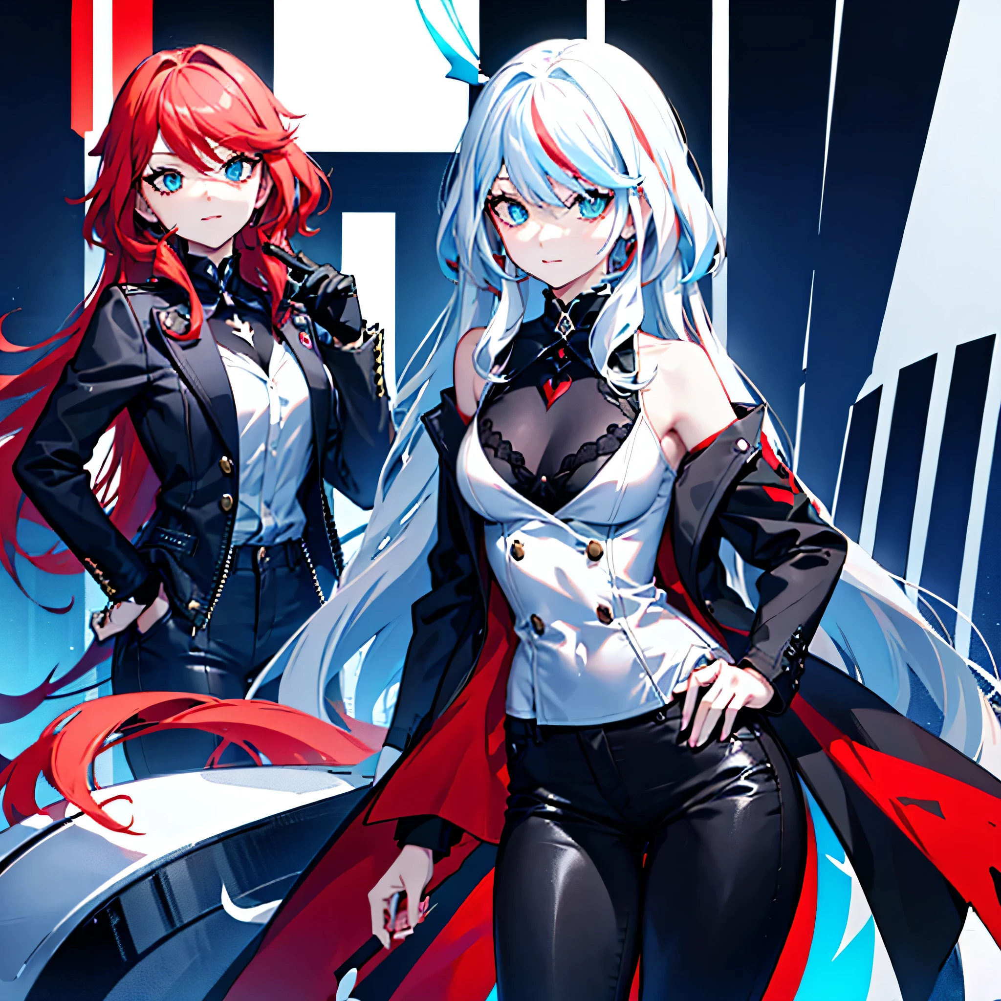 (two persona) Furina. Red-haired woman with green eyes, long hair, a  black blouse, a red jacket, and dark tight pants.