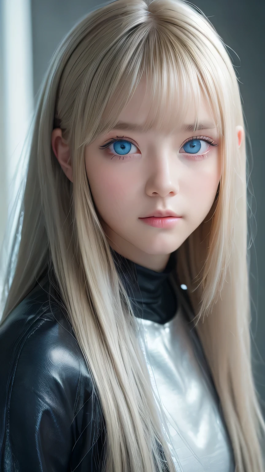 highest quality、8k Masterpiece、Ultra-high resolution、(Realistic:1.3)、RAW Photos、14 year old Scandinavian girl with shiny blonde hair、Silvery blonde hair、Super long straight hair、目とBangs between the eyes、bangs on the face、Bangs that cover the eyes、片Bangs that cover the eyes、Bangs between the eyes、White and glowing skin、1. Cyberpunk Super Beautiful Soldier、((Ultra-Realistic Details))、Portraiture、Global Illumination、Shadow Realm、Octane Rendering、8k、Ultra Sharp、Metal、Cool colors、、Very intricate detail、Realistic Light、Trends of the CG Association、so beautiful, Big bright blue eyes、Very big eyes、Eyes shining at the camera、Neon Details、Small Face Beauty、Round face、Cheek highlight