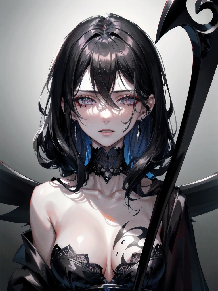 grim reaper, black scythe, absurdres, RAW photo, extremely delicate and beautiful, masterpiece, Best Quality, ultra high resolution, 32k, hyperrealistic, ultra-detailed, detailed description, pale skin, 20 years old, tearful mole, earring, short medium hair, wavy hair, whole body shot,