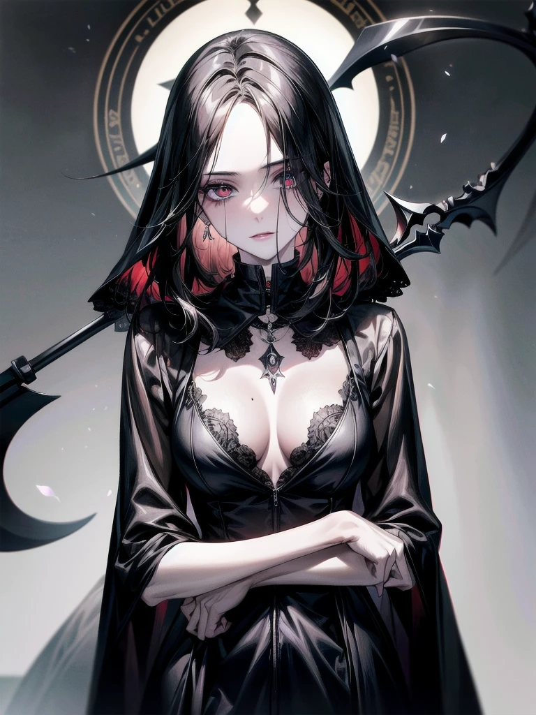 grim reaper, black scythe, absurdres, RAW photo, extremely delicate and beautiful, masterpiece, Best Quality, ultra high resolution, 32k, hyperrealistic, ultra-detailed, detailed description, pale skin, 20 years old, tearful mole, earring, short medium hair, wavy hair, whole body shot,