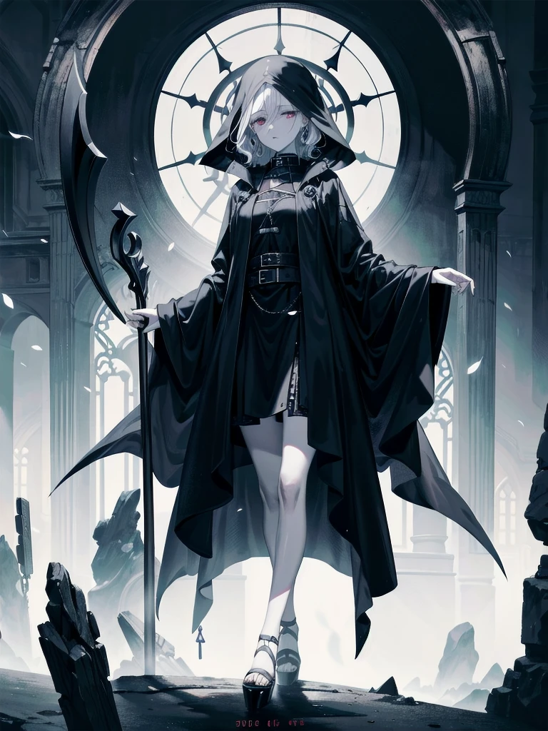 grim reaper, black scythe, absurdres, RAW photo, extremely delicate and beautiful, masterpiece, Best Quality, ultra high resolution, 32k, hyperrealistic, ultra-detailed, detailed description, pale skin, 20 years old, tearful mole, earring, short medium hair, wavy hair, whole body shot,