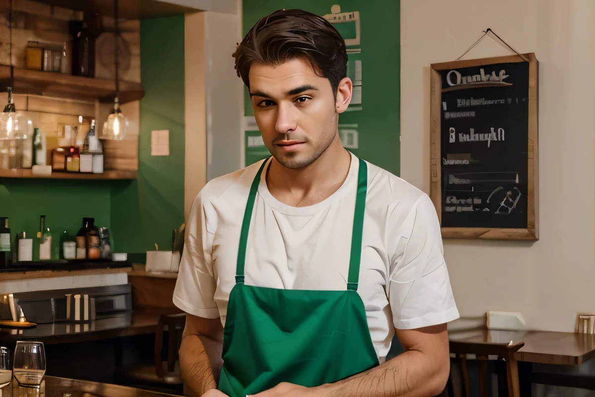 A man in his 20s wearing a green apron working at an Italian restaurant is having trouble and a customer in his 50s is getting angry