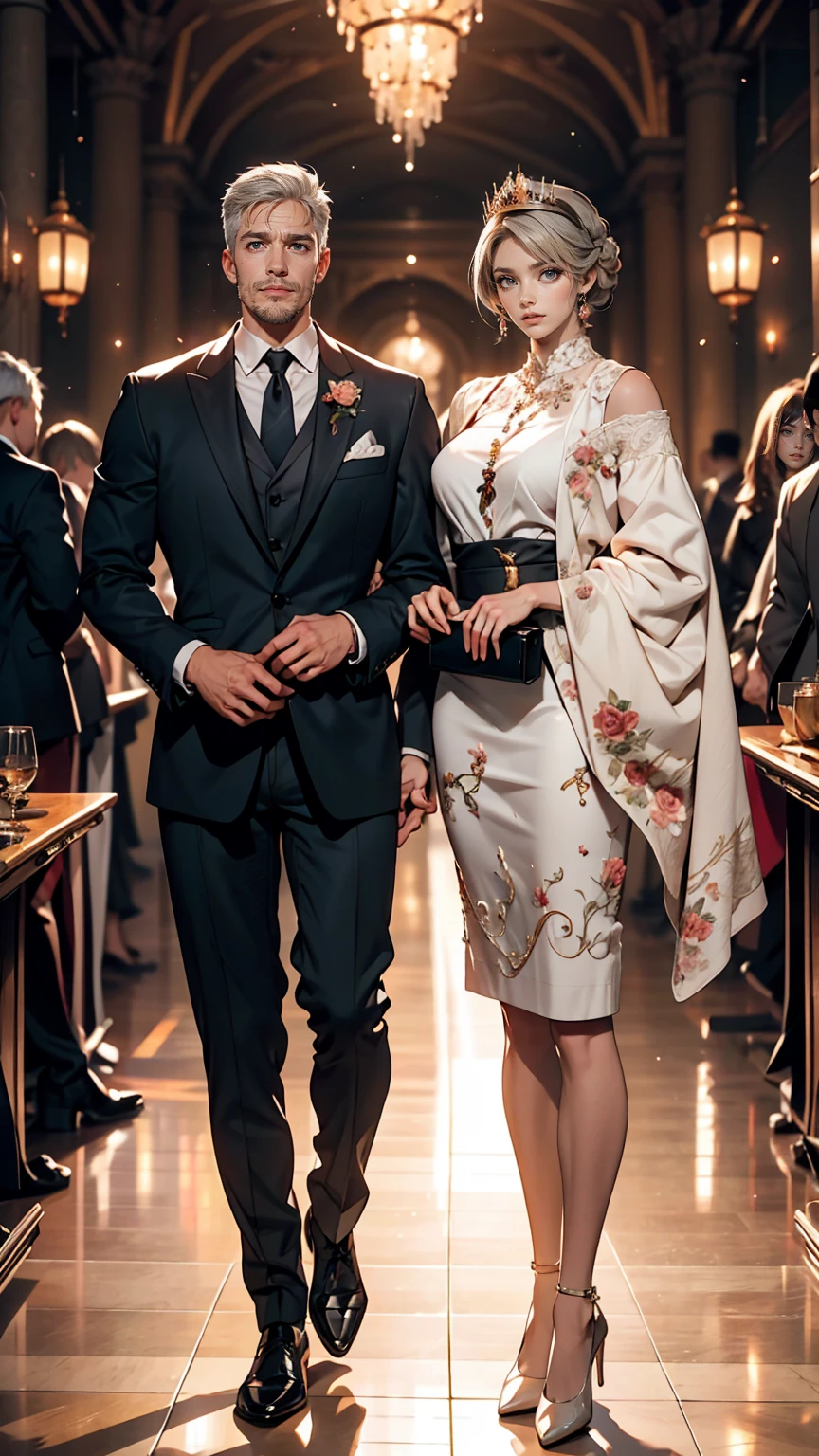 Two Caucasian women in formal clothes posing for a photo, wlop and sakimichan, Gweiz-style artwork, Urop and Rostran, Vrop and Andrey Ryabovitchev, Neo-artcore and Charlie Bowter, Reusch and Urop, Knight and Princess, Reusch and Ross Tran, Gray-haired