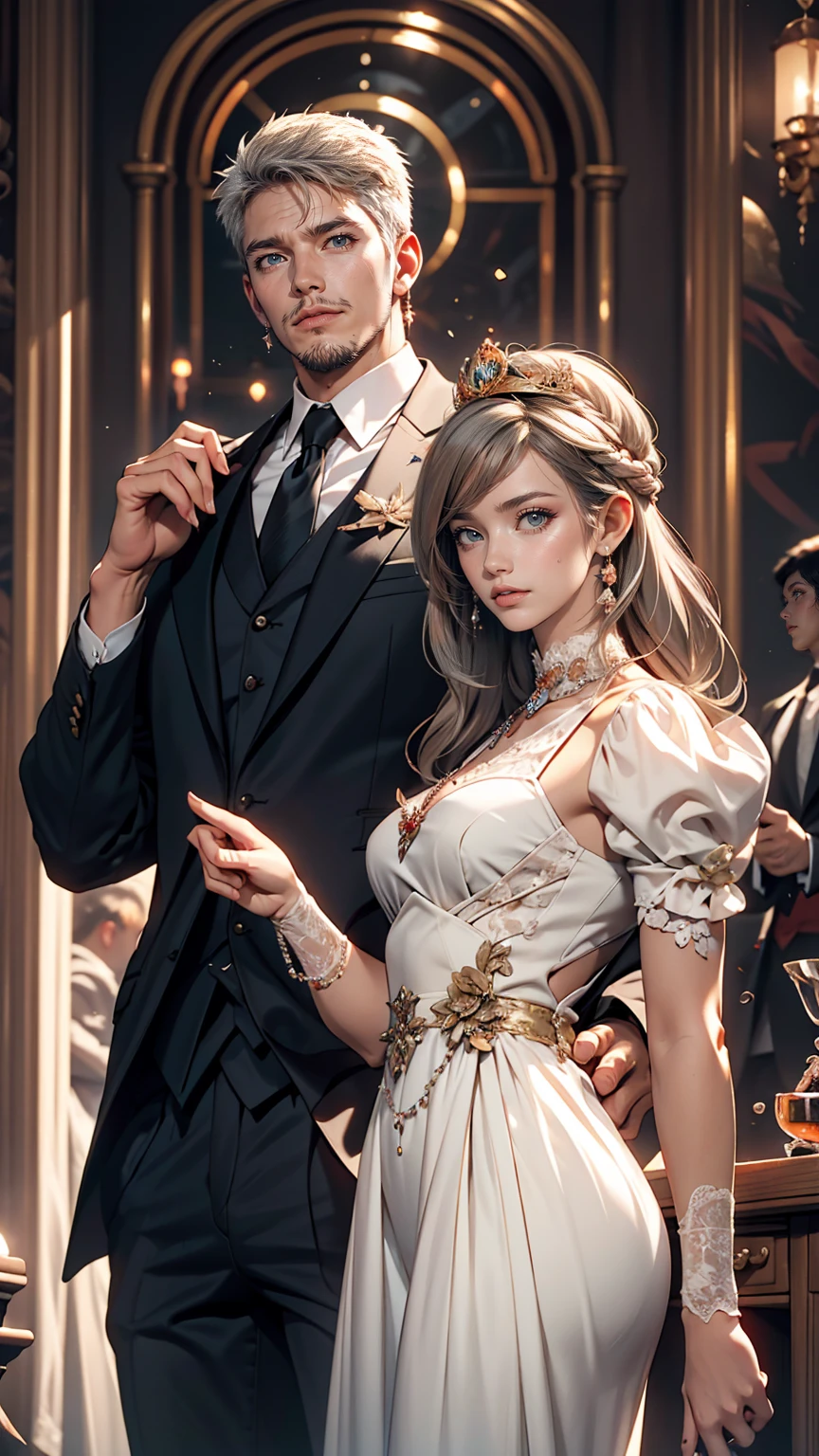 Two Caucasian women in formal clothes posing for a photo, wlop and sakimichan, Gweiz-style artwork, Urop and Rostran, Vrop and Andrey Ryabovitchev, Neo-artcore and Charlie Bowter, Reusch and Urop, Knight and Princess, Reusch and Ross Tran, Gray-haired