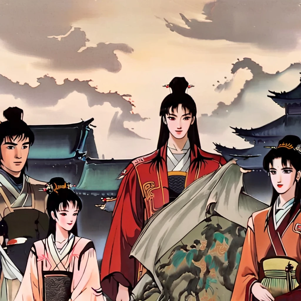High quality more kinda anime look and feel Young very attractive very incredibly handsome a little vaporwave and beautiful looking youths male and females in kinda smaller groups settings with a DIVERSE VARIETY and whole ranges of different variations version of physical looks and types and appearances of Ancient China from 20 right into their 30s maybe also somewhat younger included Chinese in Ancient China very clearly sharply detailed in a clear defined way in dress and the fashions of very early Ancient China very precise clear detailed down to the smallest details for whole picture and each image with vivid bright lush luxuriant colors tones shades and a variety of classes real like realistic authentic also with natural dark chestnut and dark brown hair shades included in realistic real like way ocredibly clearly detailed definded sown to the smalest thing with a touch a hint of chinese ink/line drawing influence style on bigger scale too with more people of all social classes represented more