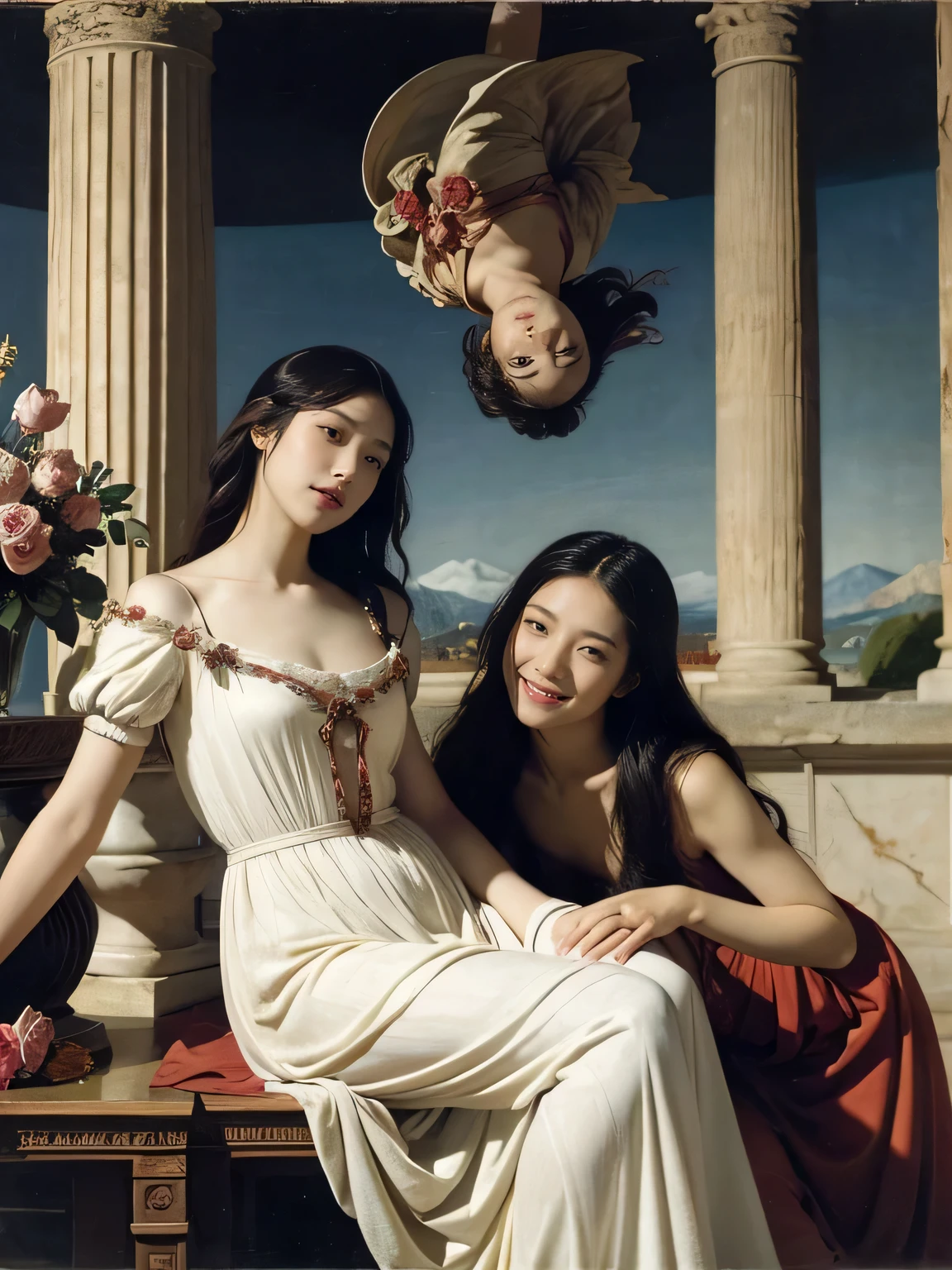 Female angel with two white wing,full body portrait or statue、Sandro Botticelli painting style,Arguments of two female Philosophe,math、astronomical machine、astronaut、roses in vase、fruits、Cute trinkets、smile、ancient greek costume、Ancient Roman landscape in the style of Nicolas Poussin,laughter,,Sweet and seductive appearance.、Caravaggio's paintings、Chiaroscuro of Caravaggio、hair tousled by the wind,Two women frolicking,cute smile, expression of ecstasy,Sexy,erotic