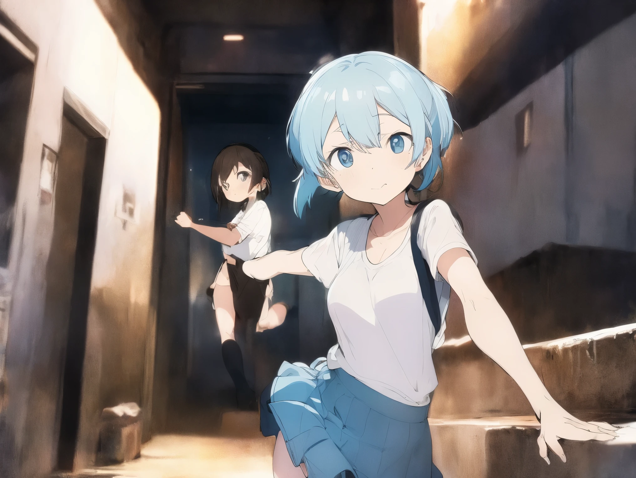 Long skirt、Steep stairs at school、Shirt clinging to no bra 、Cute white underwear shown by lifting up skirt、Light blue、Sweaty shirt、Cute underwear visible from under the stairs