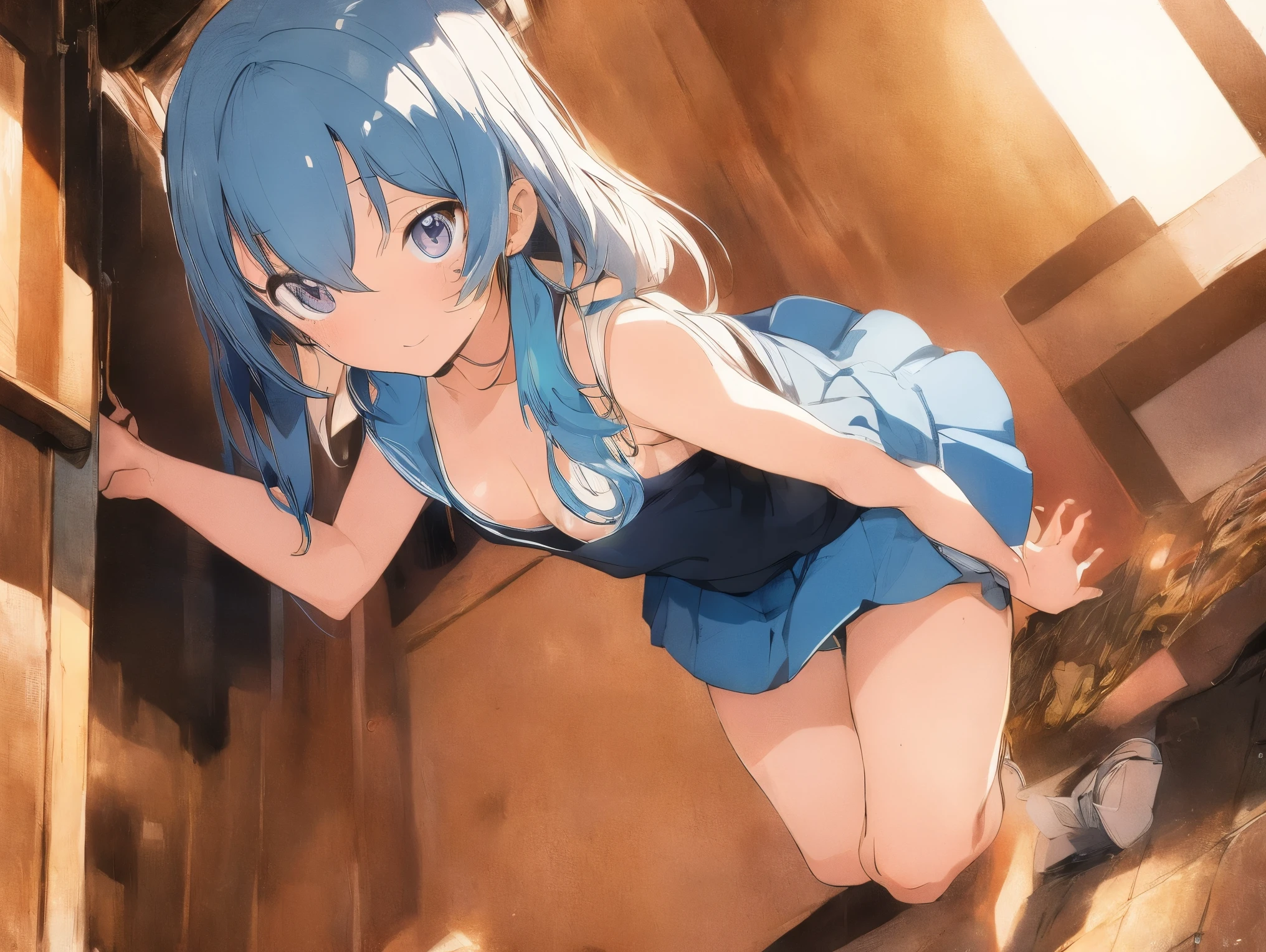 Long skirt、Steep stairs at school、Shirt clinging to no bra 、Cute white underwear shown by lifting up skirt、Light blue、Sweaty shirt、Cute underwear visible from under the stairs
