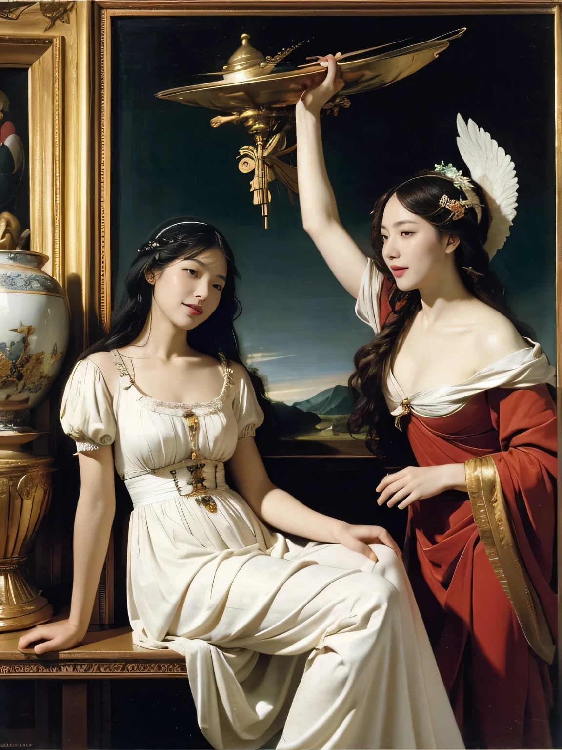 White winged female angel.full body portrait or statue、Sandro Botticelli painting style,Arguments of two female Philosophe,math、astronomical machine、astronaut、roses in vase、fruits、Cute trinkets、smile、ancient greek costume、Ancient Roman landscape in the style of Nicolas Poussin,laughter,,Sweet and seductive appearance.、Caravaggio's paintings、Chiaroscuro of Caravaggio、hair tousled by the wind,Two women frolicking,cute smile, expression of ecstasy,Sexy,erotic