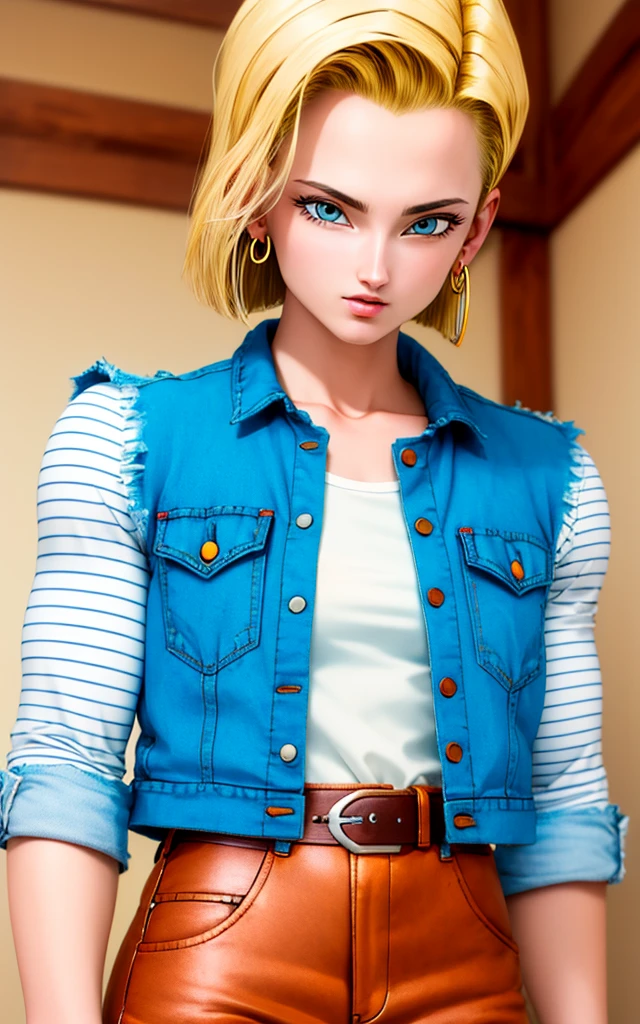 (masterpiece, best quality), realistic version of android18, earrings, denim, belt upper body, focus face, perfect face, Emily Rudd.