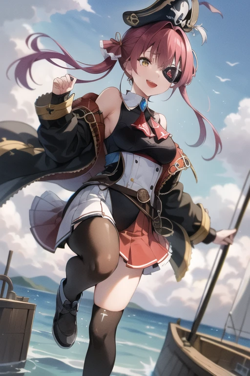 2D, masterpiece, highest quality, anime, Very detailed, whole body, One girl, alone, Marine_pirate, Hair Ribbon, Red Ascot, Red Skirt, belt, Leotards worn under clothing, No sleeve, Knee socks, Black coat, pirate hat, Eye patch, Boat, Dynamic pose, smile, Open your mouth 