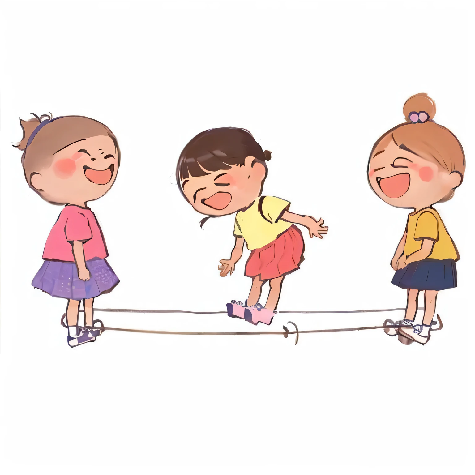 three The kids are standing on a rope and laughing, The kids illustration, 遊ぶThe kids, The kidss illustration, The kids\Illustration of, Everyone is having fun, cute girls, Polished : :, funny illustration, Manga illustration, Simple illustration, The kidsIllustration of, Written by hand, Written by hand, The kids's cartoon, illustration for The kids, girl, Cute illustrations, Cartoon Images, Cute artwork, Three kids are jumping rope happily.。The two children on the left and right、Elastic straps are fastened around the ankles。The middle  is、Jumping over a rubber band、They are playing by straddling each other.。The kidsは皆、They are playing and laughing happily.、The fun atmosphere is conveyed。The background is plain white、The kids&#39; colorful outfits stand out.。