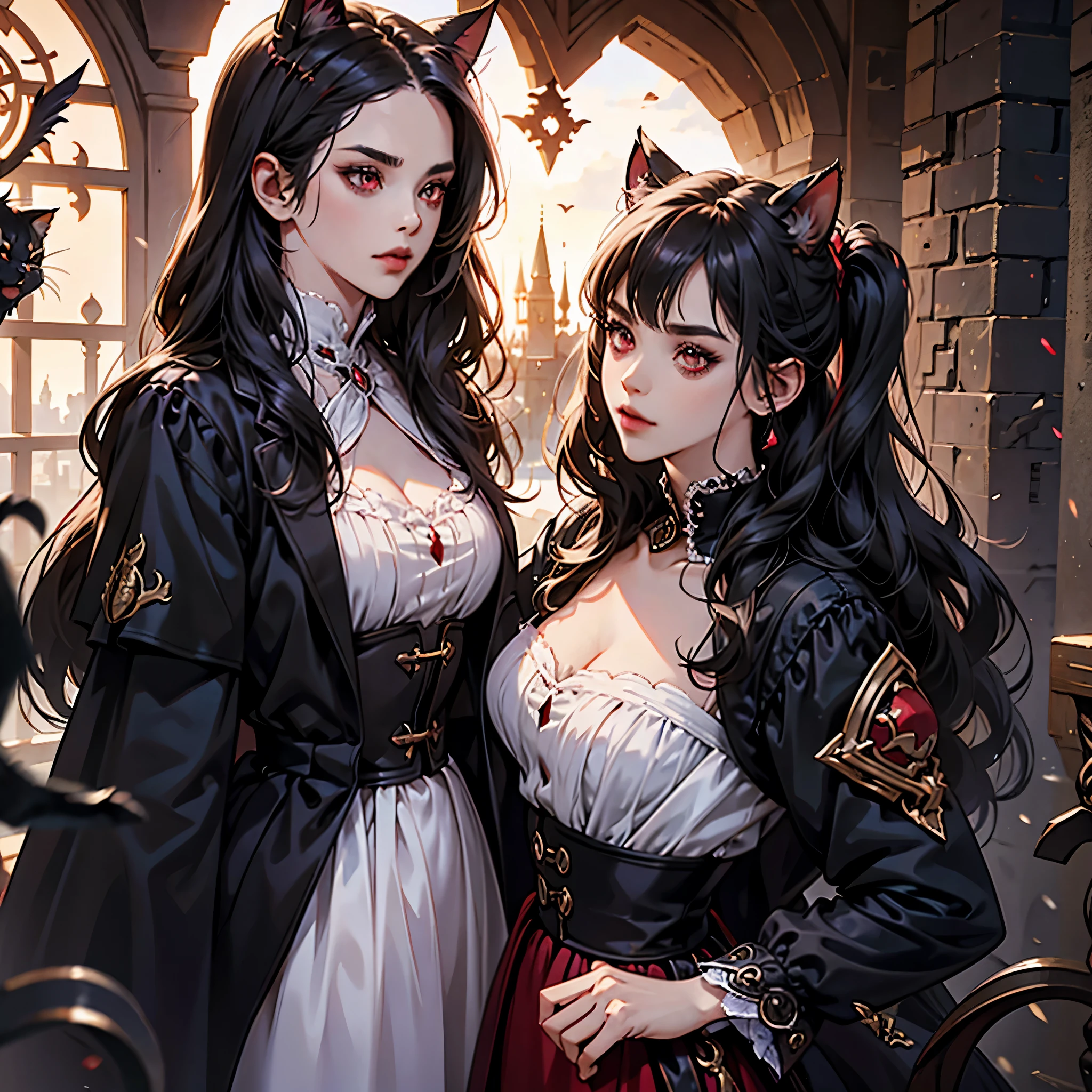 Castlevania Lord of Shadows hyper realistic super detailed Lord Dracula and 1girl junkotvv black hair with cat ears, ojos rojos enemigo del diablo