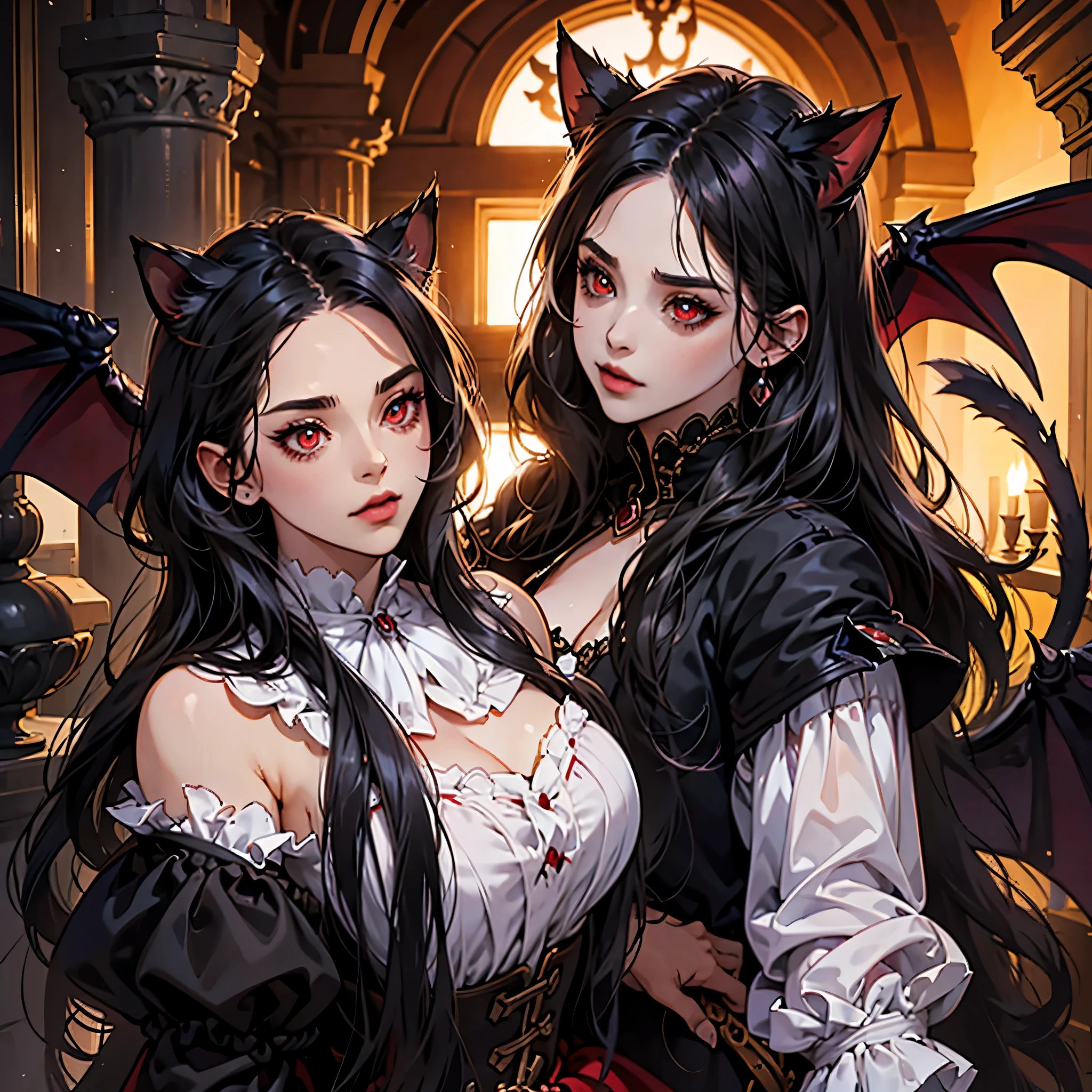 Castlevania Lord of Shadows hyper realistic super detailed Lord Dracula and 1girl junkotvv black hair with cat ears, ojos rojos enemigo del diablo