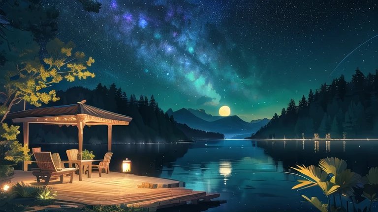 A huge bottle,There is a majestic lake inside , Very high quality and very detailed scenes , Octane Rendering, Starry Sky , Dream , Huge green moon , paradise walter , inspiration, imagination