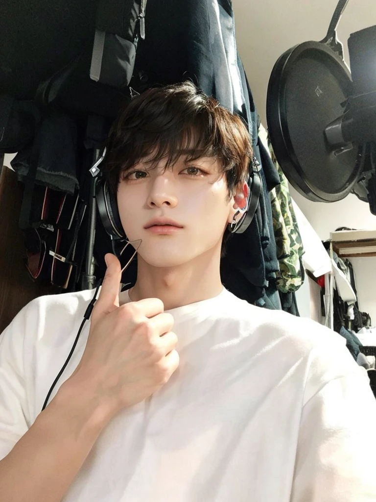 Hay un hombre con auriculares posando para una foto., jeon jungkook,  