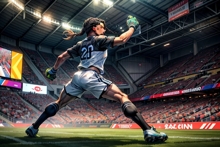 (best quality, 4k, 8k, high resolution, masterpiece: 1.2), ultra detailed, (realistic, photorealistic, photorealistic: 1.37),(best quality, highres, vivid colors), soccer game, energetic players, passionate fans, intense competition, stadium lights, dynamic movement, powerful kicks, precise passes, strategic tactics, thrilling goals, celebratory cheers, dribbling skills, goalie saves, referee whistle, team jerseys, stadium atmosphere, cheering crowd, grass field, cheering supporters, adrenaline rush, braids, braided hair