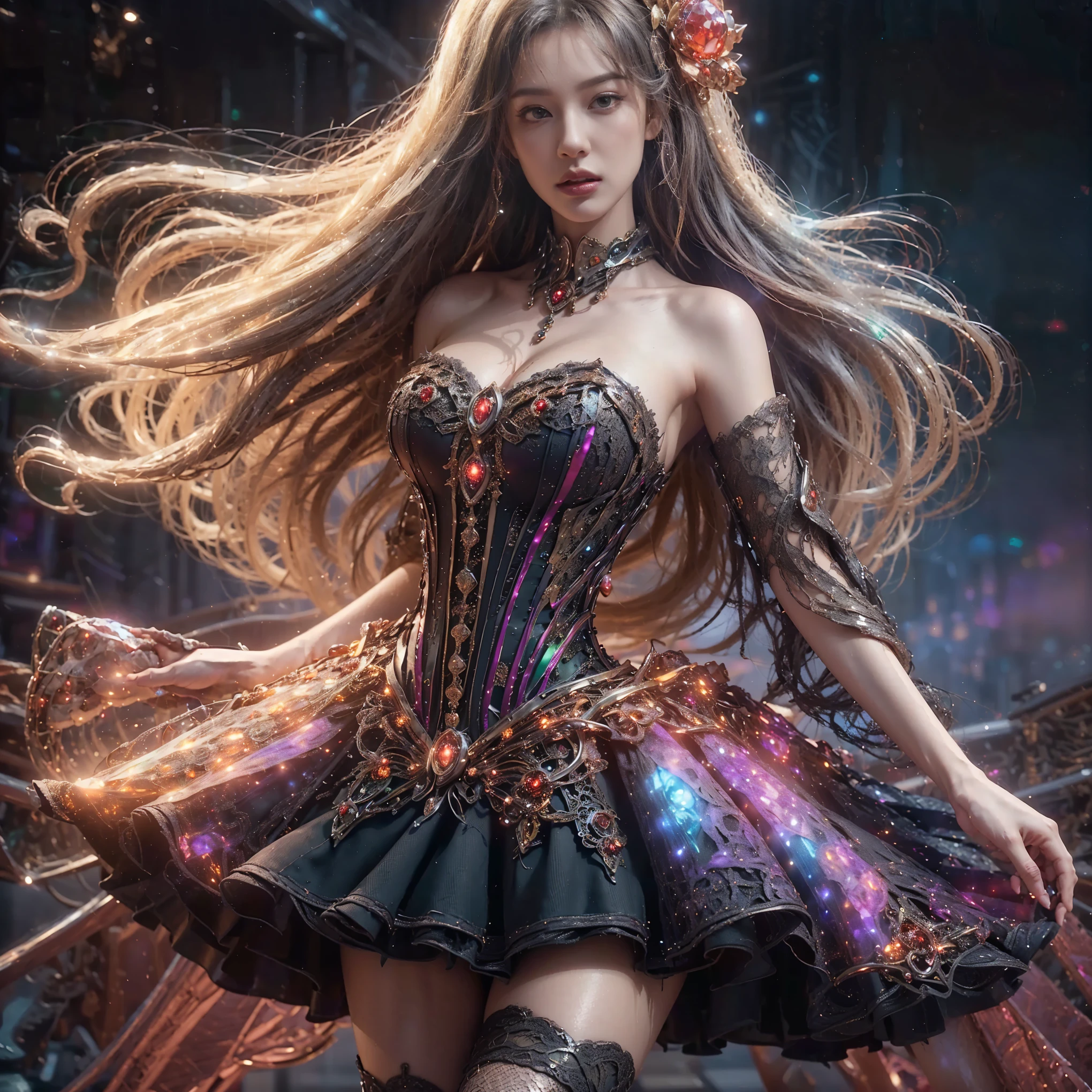 An asian woman with loose hair, standing on the stairs in the middle of a magical atmosphere, with a predominantly black and purple costume, a strapless corset-style dress decorated with bright purple jewels, a short tutu skirt, black thigh-high stockings with lace tops and ornaments purple jewels, white high heels with gold decoration, grand staircase background under mysterious sky full of stars and celestial bodies, crystal detailed, hyper realistic, hyper detail Transparent clothing, Detailed gemstones, masterpiece, best quality:1.2),,(8k,highres,RAW photo,realistic,photo-realistic:1.3),(detailed skin texture,detailed cloth texture, beautiful detailed face:1.25),professional lighting,photon mapping,beautiful soft light,radiosity,physically-based rendering,raytracing, model shoot style, model shoot style, (extremely detailed CG unity 8k wallpaper), full shot body photo of the most beautiful artwork in the world (NSFW), (Nude), (Naked), (Nipple) (pussy) (small pussy) (exposed pussy) (breast green veins) 