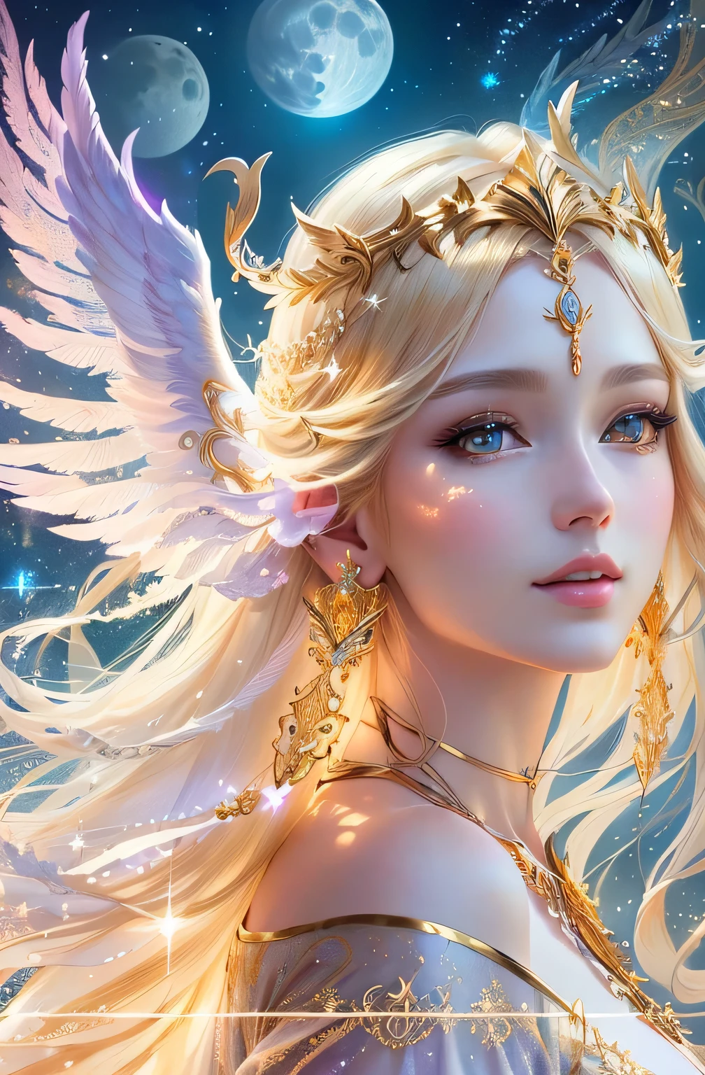 Before the full moon,Dressed in wings、Blonde woman wearing gold jewelry, portrait of a Beautiful Angel, Beautiful fantasy art portrait, goddess. Extremely high detail, celestial goddess, Beautiful fantasy portrait, Beautiful Angel, Beautiful female angel, Beautiful Angel girl portrait, of Beautiful Angel, Beautiful fantasy art, goddess close-up portrait, very Beautiful fantasy art, Beautiful and detailed fantasy