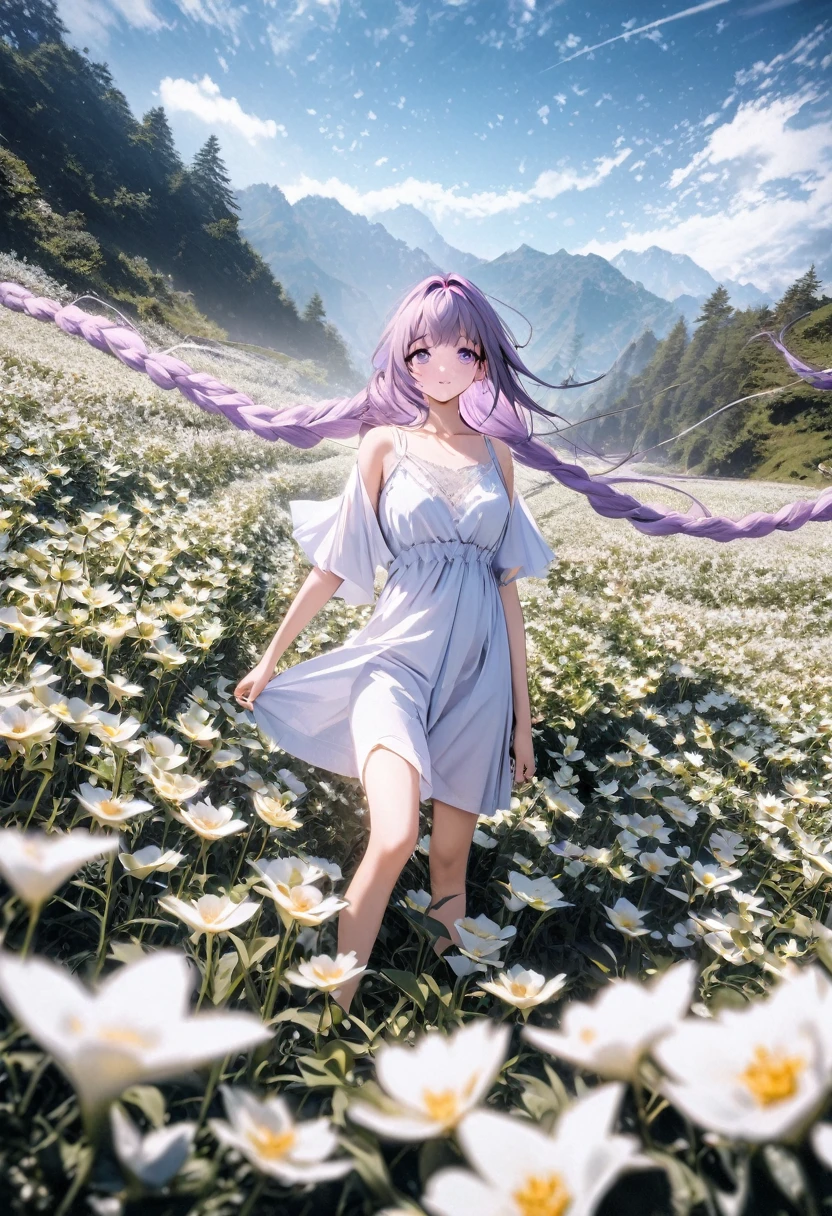 Wide open field of white flowers landscape photo, A purple-haired girl stands in a flower field and looks up at the blue sky, Art Graphic Art, professional, 4k, Very detailed