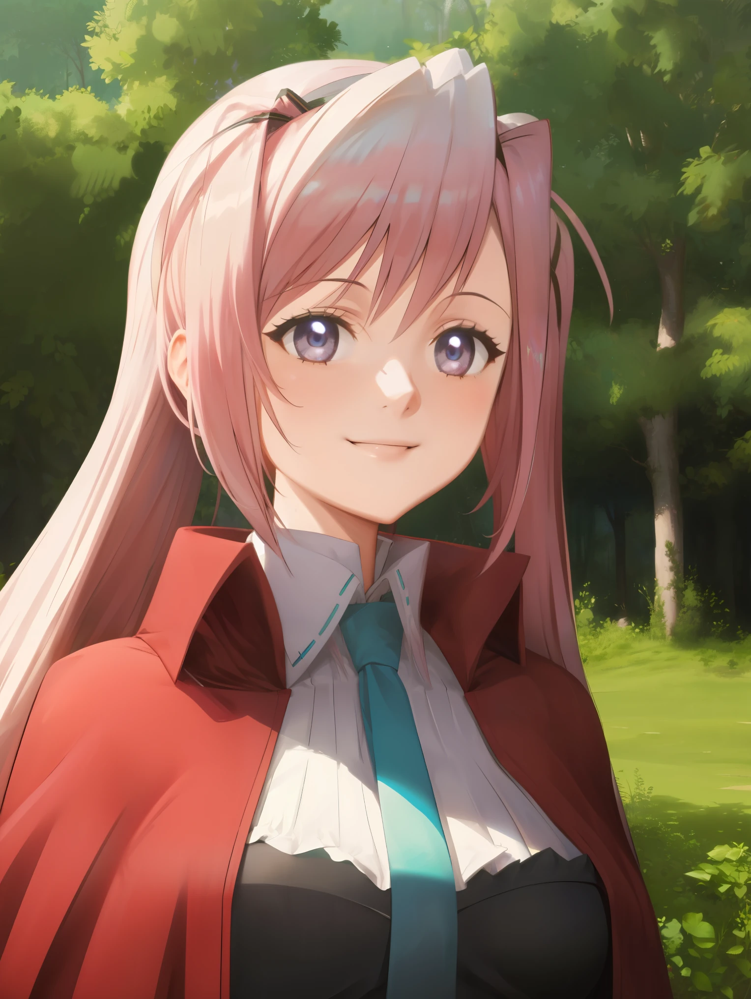 1woman,1girl ,charlotte_hazelrink, pink hair, long hair, very long hair, blue eyes,purple eyes, a red cape in a forest, anime girl with teal hair, hatsune miku portrait, anime moe artstyle, portrait of hatsune miku, aqua from konosuba, serene smile, mikudayo, joyful smirk, official art, cunning smile, miku, hatsune miku, portrait knights of zodiac girl