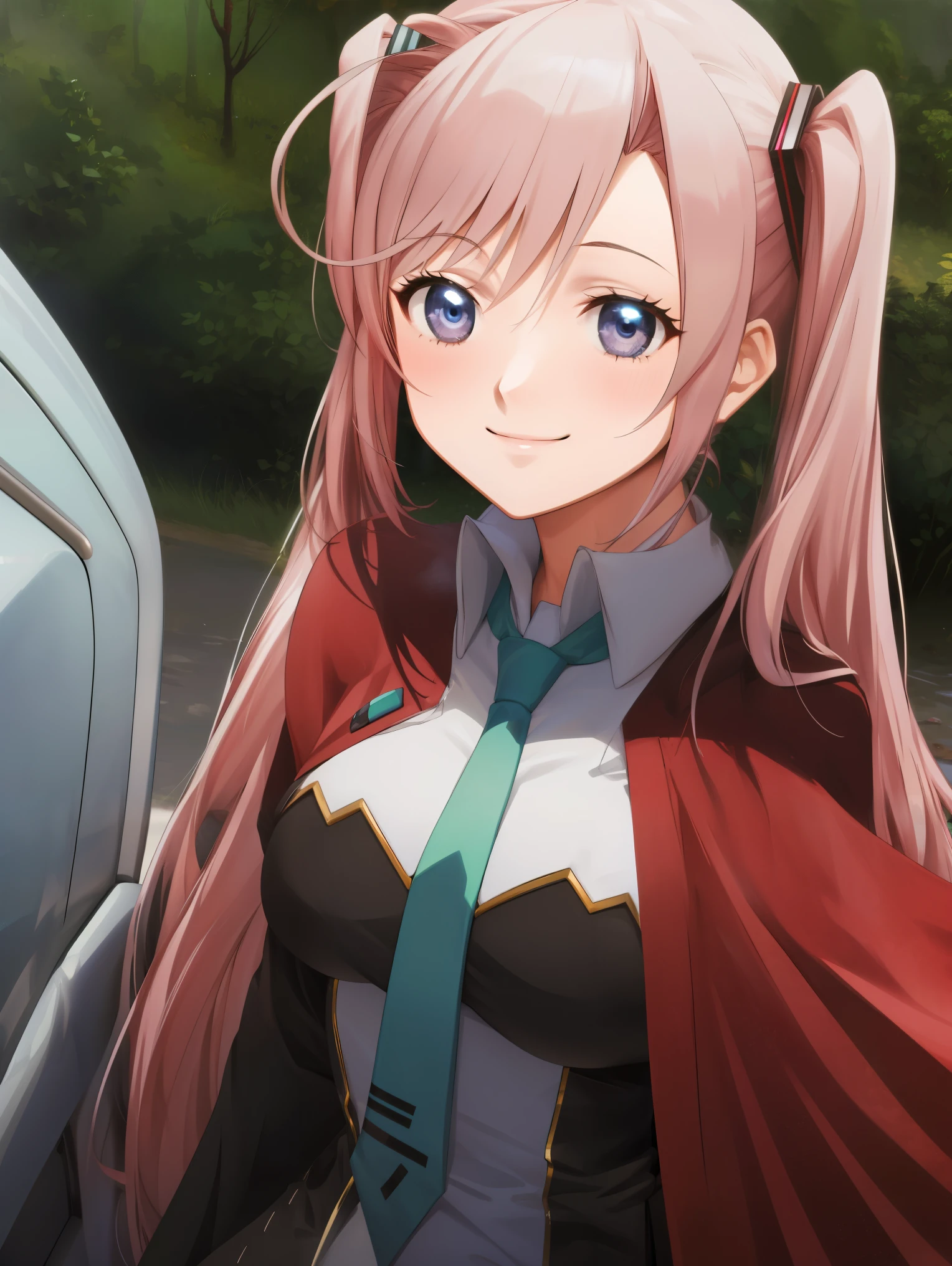 1woman,1girl ,charlotte_hazelrink, pink hair, long hair, very long hair, blue eyes,purple eyes, a red cape in a forest, anime girl with teal hair, hatsune miku portrait, anime moe artstyle, portrait of hatsune miku, aqua from konosuba, serene smile, mikudayo, joyful smirk, official art, cunning smile, miku, hatsune miku, portrait knights of zodiac girl